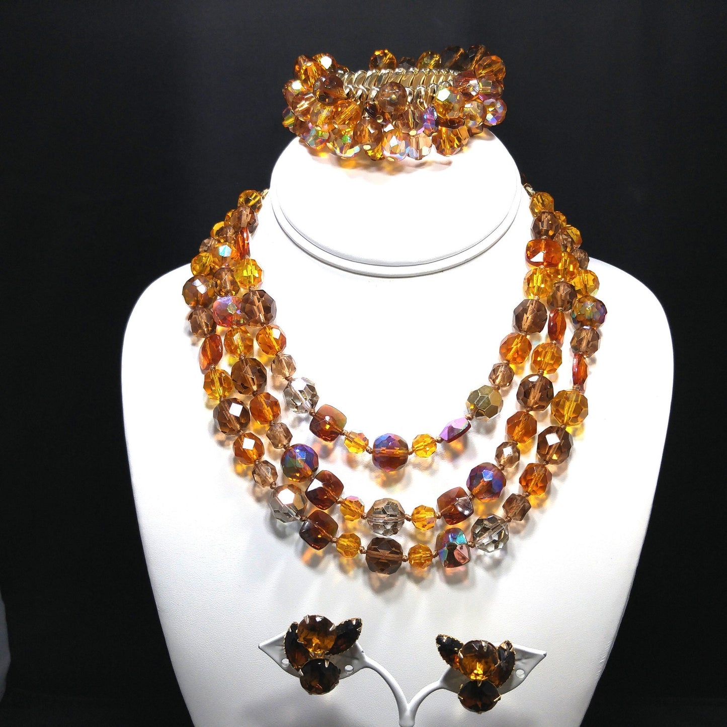 Topaz Crystal Necklace Bracelet Earrings Set, Aurora Borealis, 1960s Vintage Jewelry