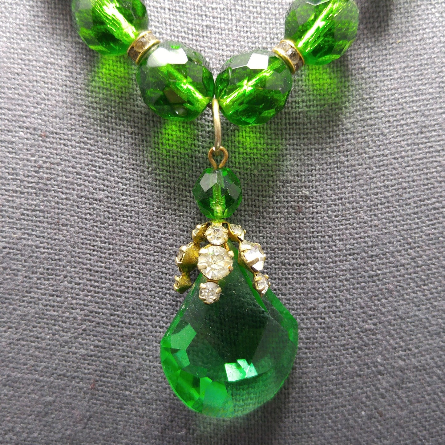 Green Czech Glass Pendant Necklace, Clear Rhinestones, 1950s Vintage Jewelry