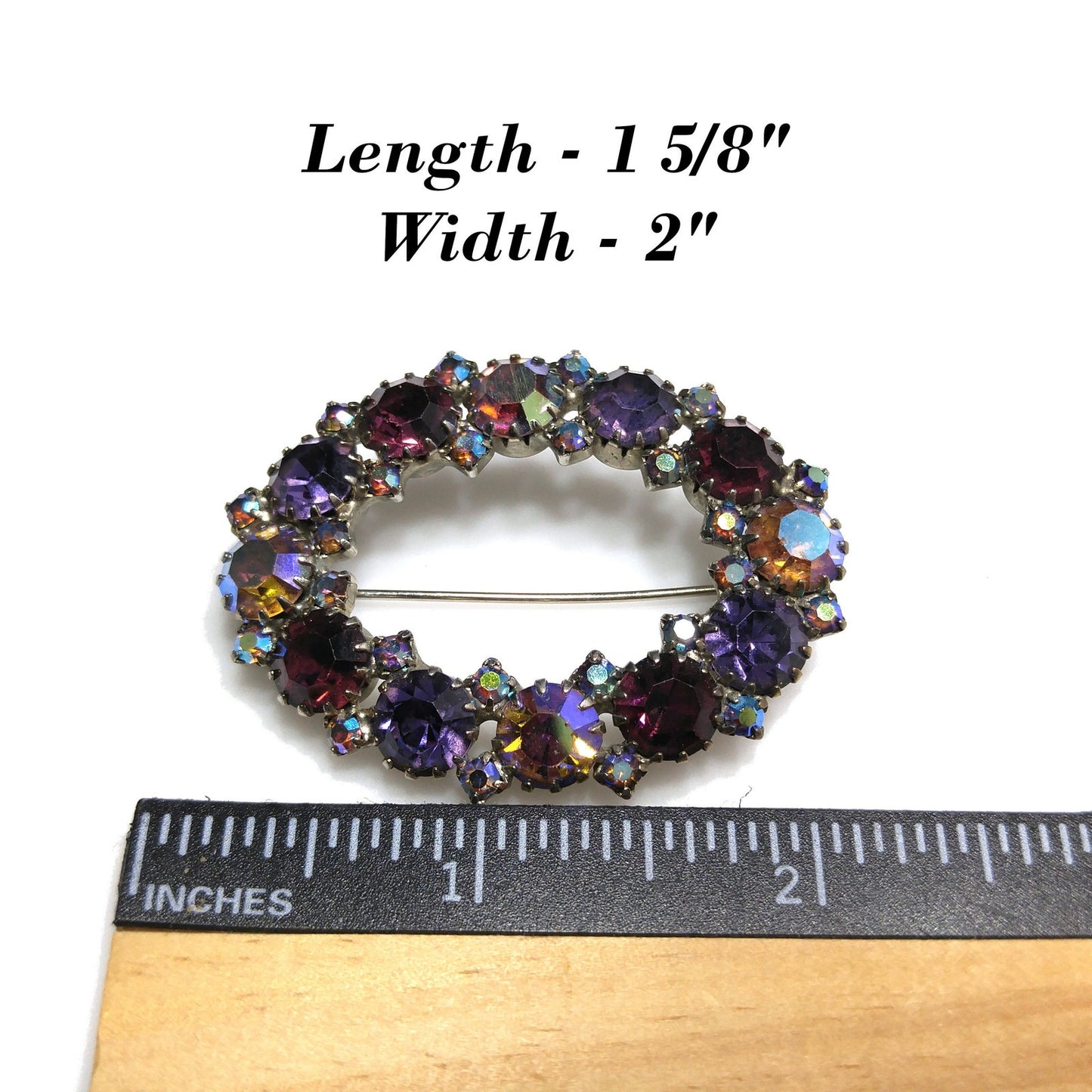 Oval Purple Aurora Borealis Lavender Rhinestone Brooch, Dog-toothed Prong Set, 1960s Vintage Jewelry