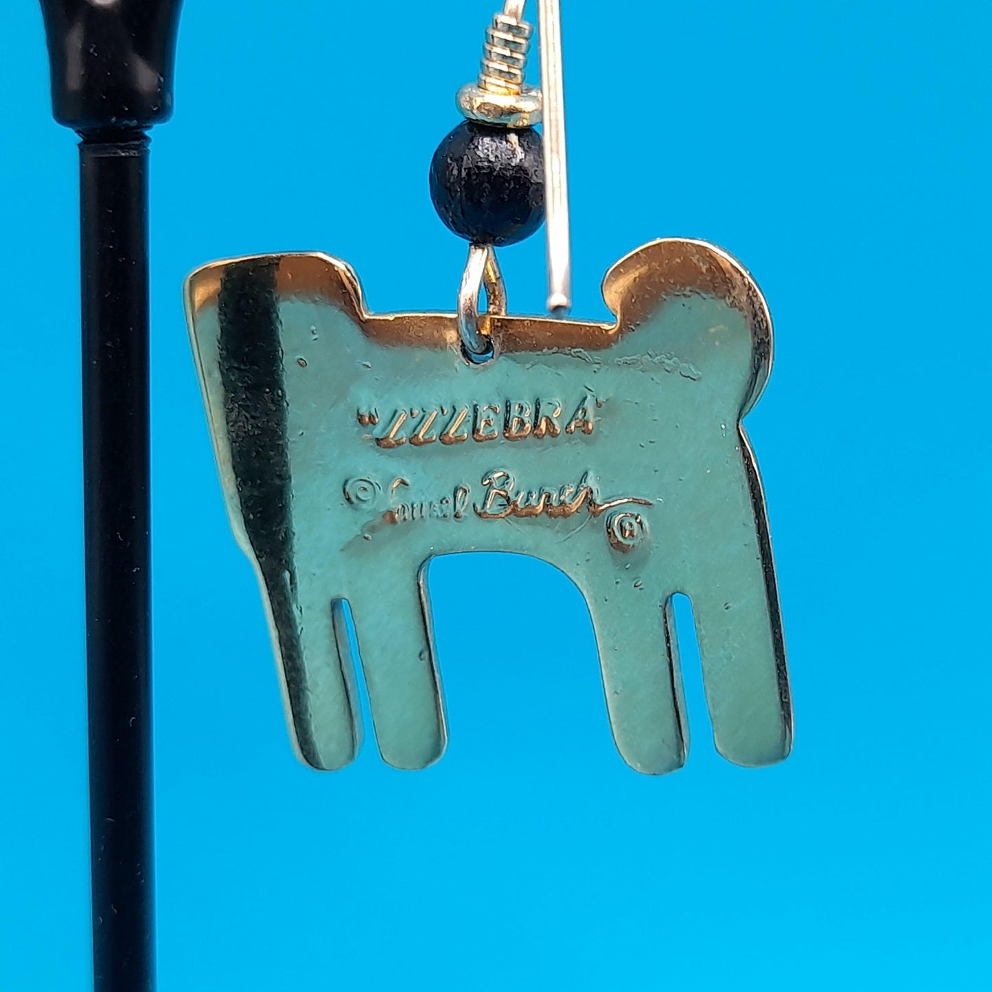 Laurel Burch "Zzzebra" Drop Earrings, Cloisonne Enamel, Gold Plated, 1980s