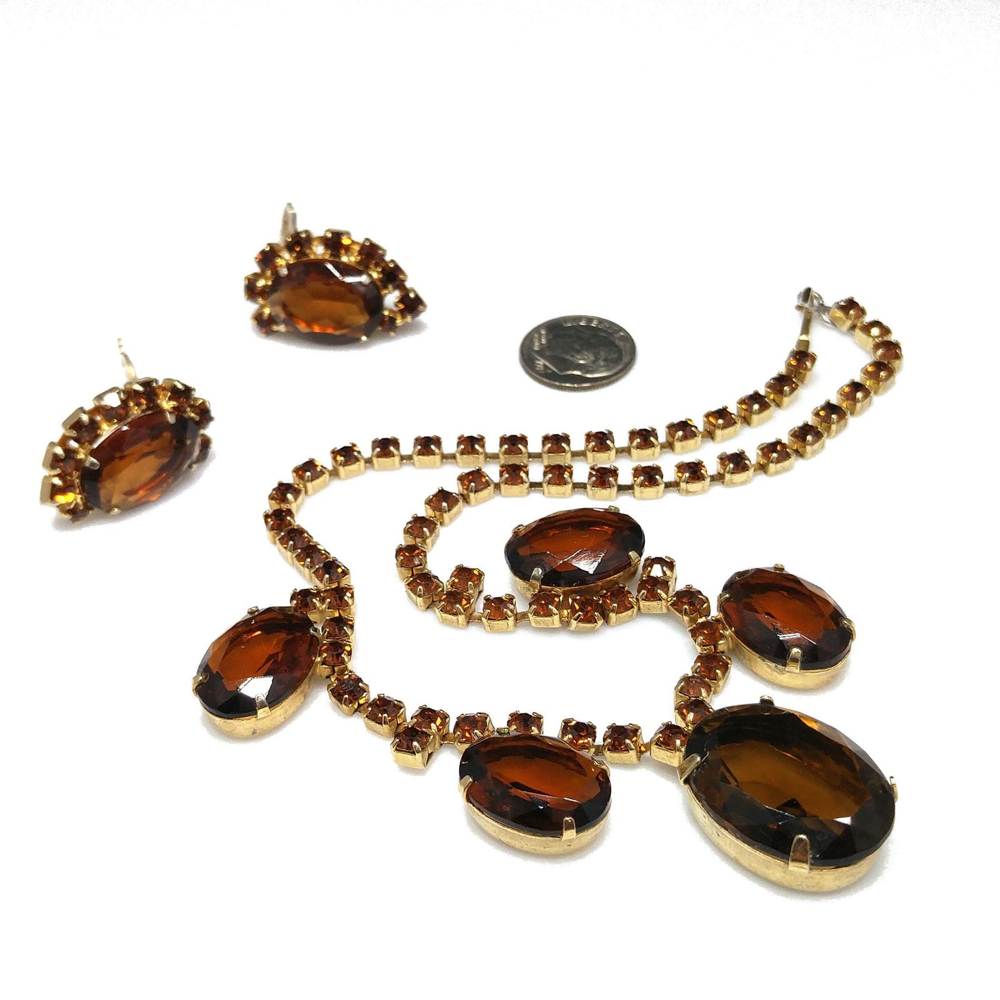 Vintage Topaz Rhinestone Necklace & Earrings, Large Faceted Rhinestones, 1960s Vintage Jewelry