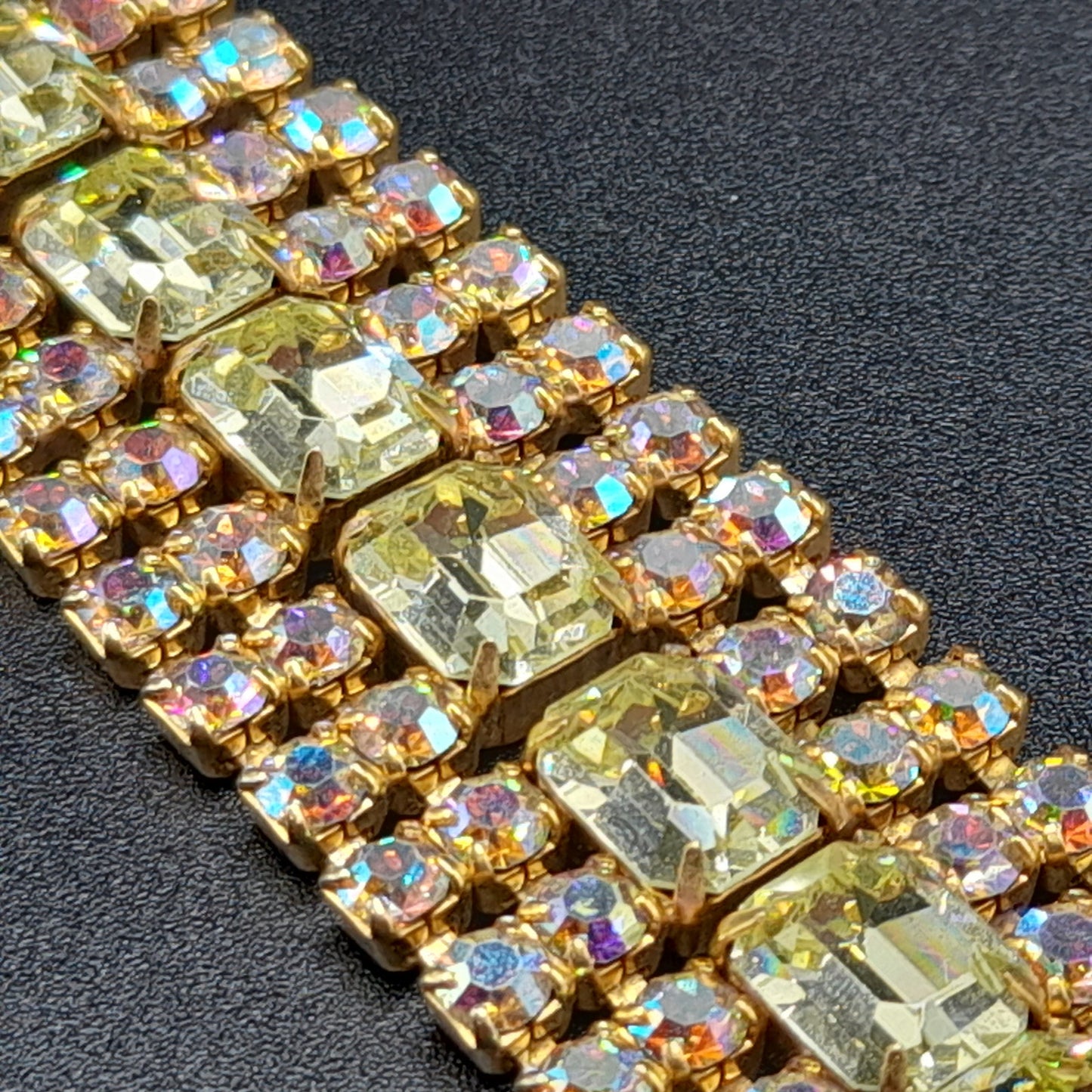 Jonquil Aurora Borealis Rhinestone Wide Bracelet, Gold Plated, 1960s Vintage Jewelry