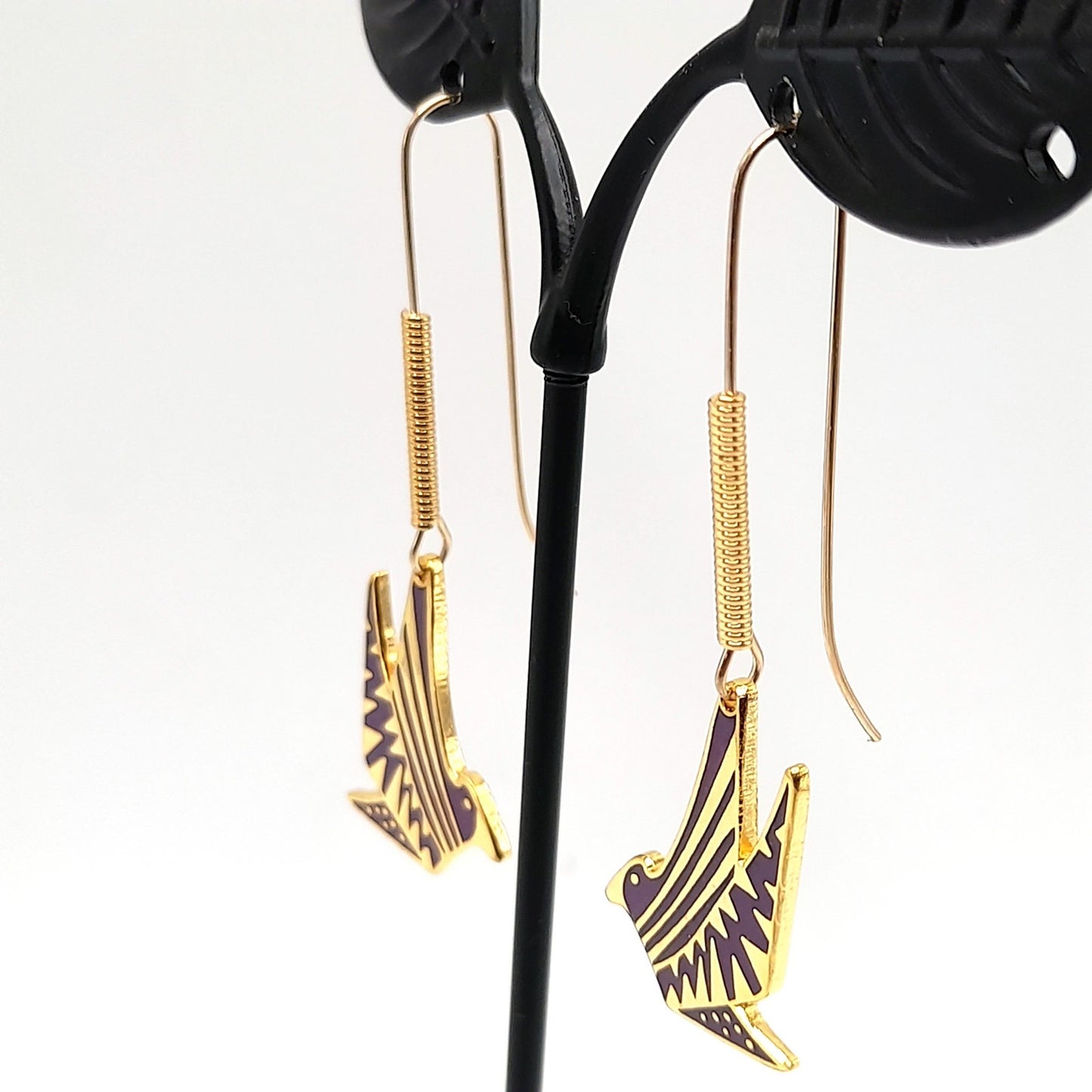 Laurel Burch Long Ear Wire Bird Earrings, Purple Enamel, Gold Plated, 1990s Vintage Jewelry