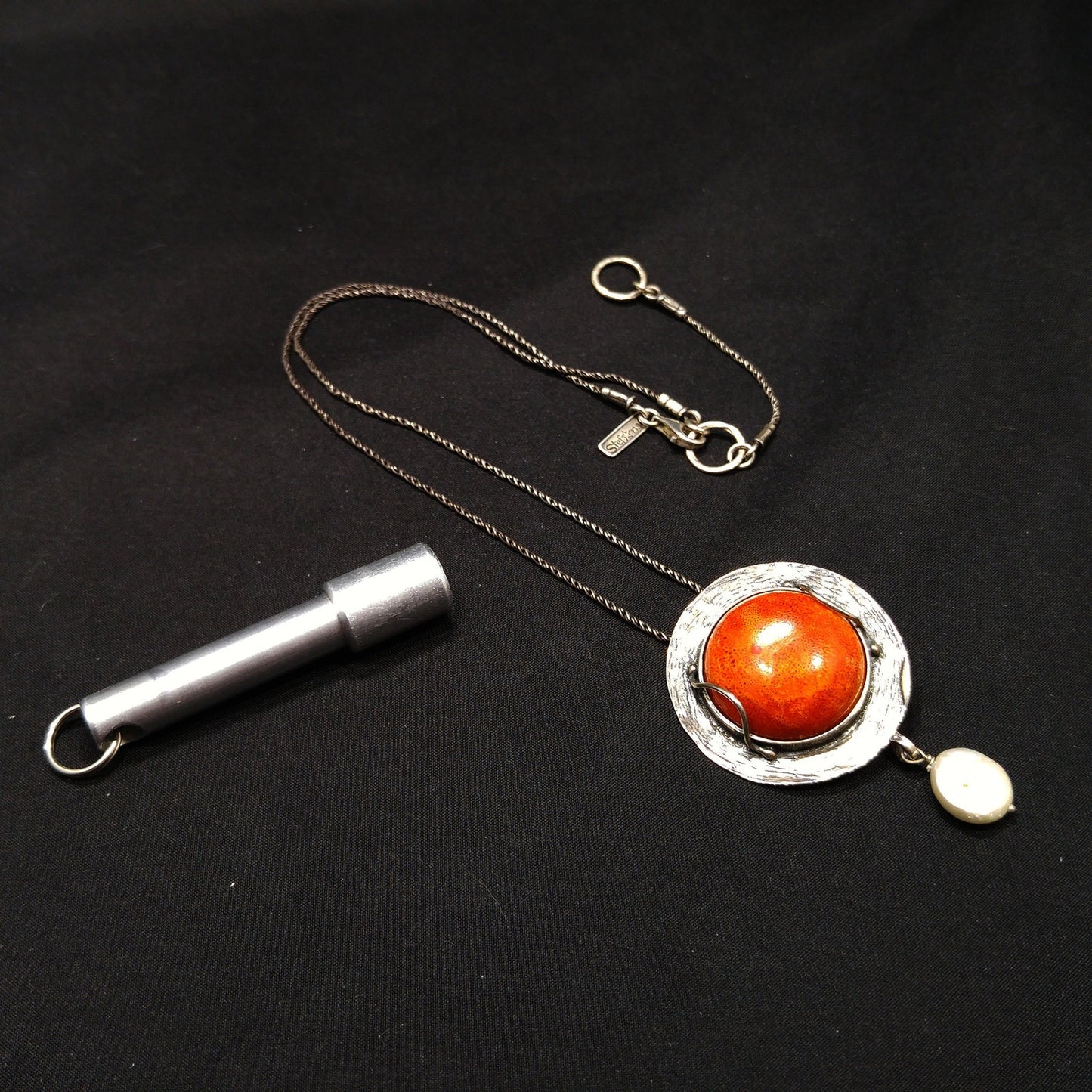 Sterling Silver Israel Artisan Pendant Necklace, Faux Pearl Dangle, 1990s Vintage Jewelry