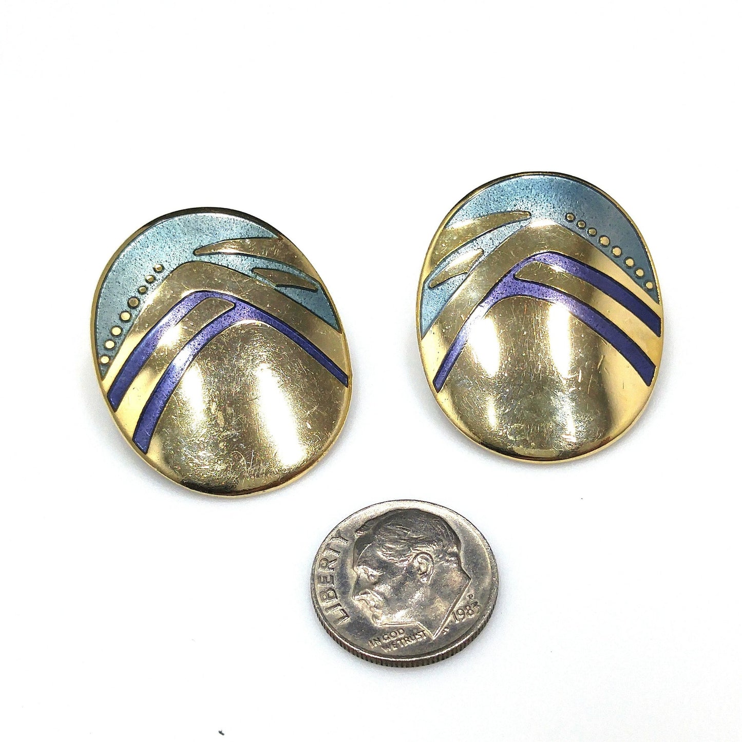 Laurel Burch Blue Metallic Oval Post Earrings, Gold Plated, 1980s Vintage