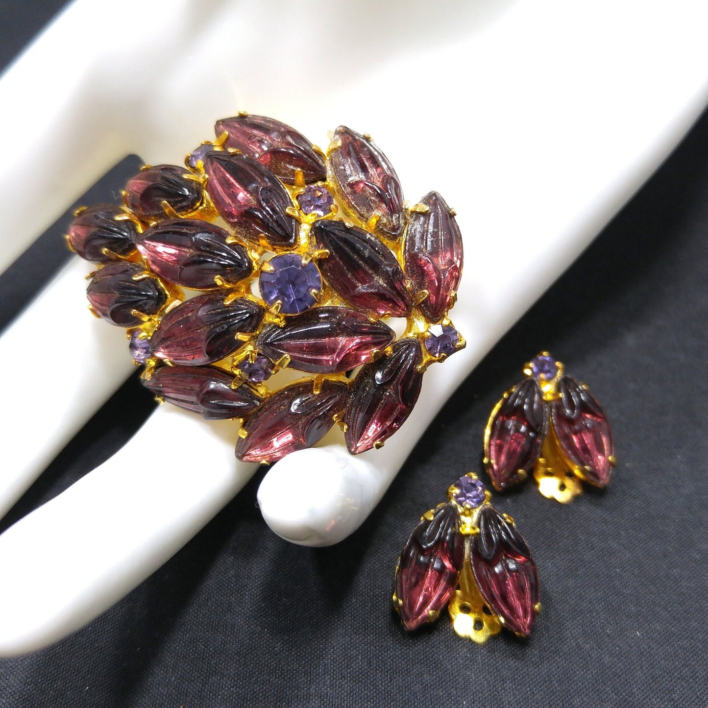 Purple Rhinestone Molded Art Glass Brooch & Earrings, Purple Rhinestones, Gold Plated, 1960s Vintage Jewelry