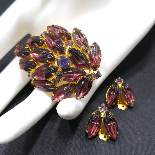 Purple Rhinestone Molded Art Glass Brooch & Earrings, Purple Rhinestones, Gold Plated, 1960s Vintage Jewelry