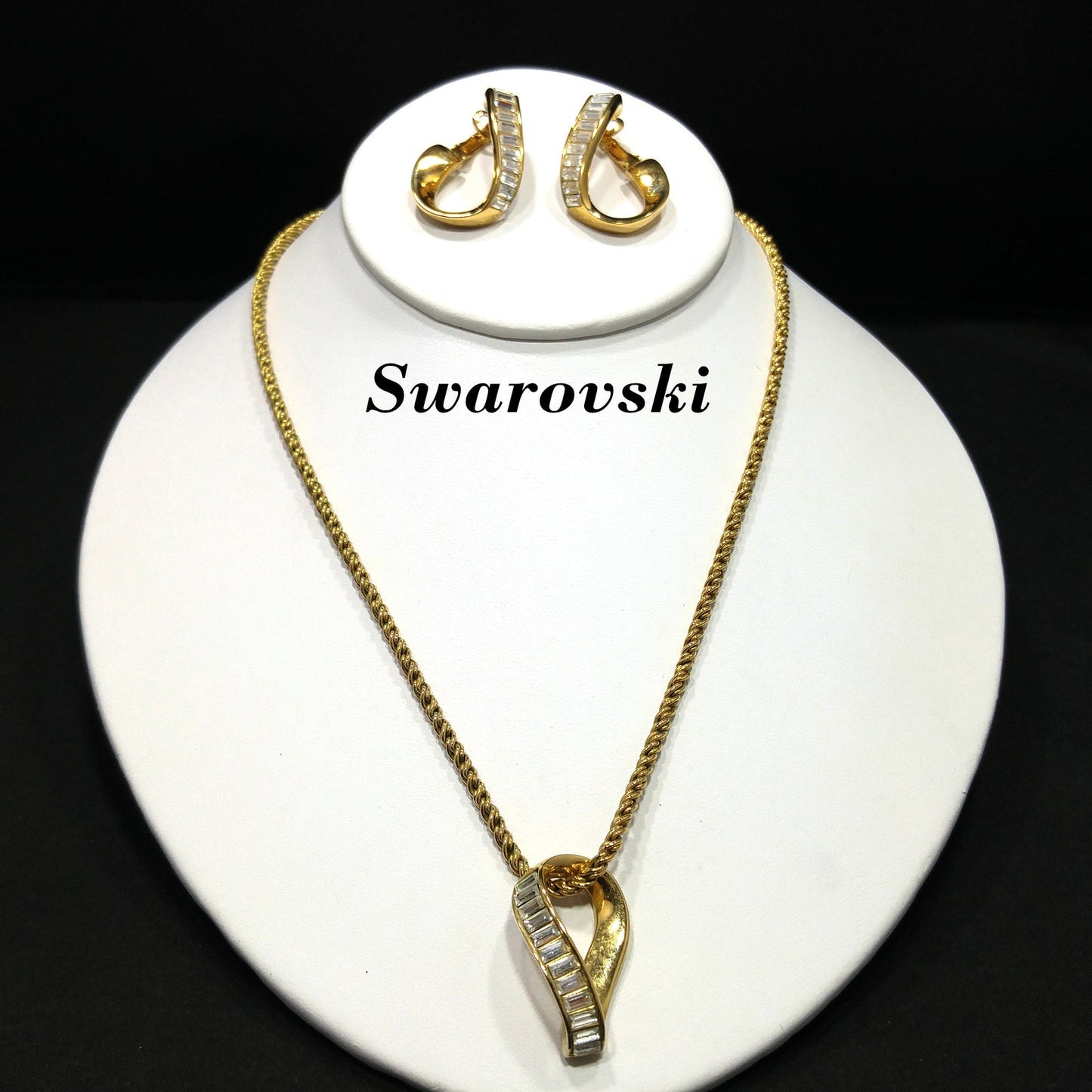 Swarovski Swan Logo Clear Rhinestone Earrings Necklace, 1990s Vintage Jewelry