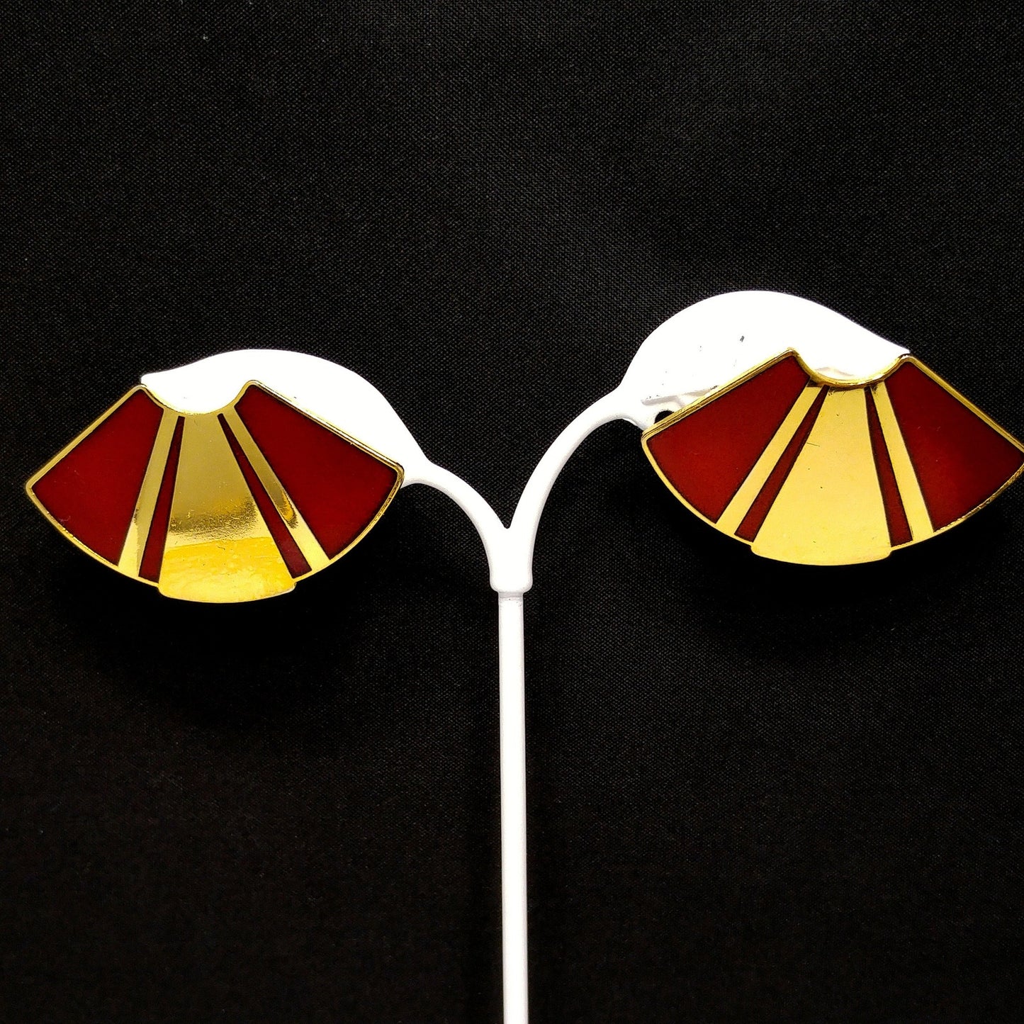 Laurel Burch Red Fan Post Earrings, Gold Plated, Red Metallic Enamel, 1980s