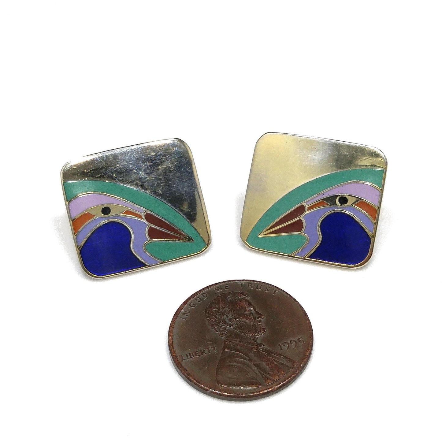 Laurel Burch Bird Post Earrings, Cloisonné Gold Plated, Enamel, 1980s Vintage