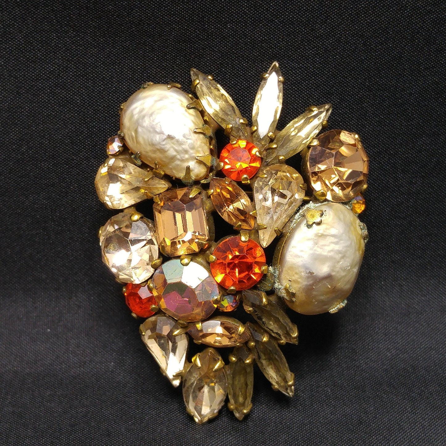Weiss Faux Baroque Pearl Brooch, Orange Topaz Rhinestones Antique Gold, 1950s Vintage Jewelry