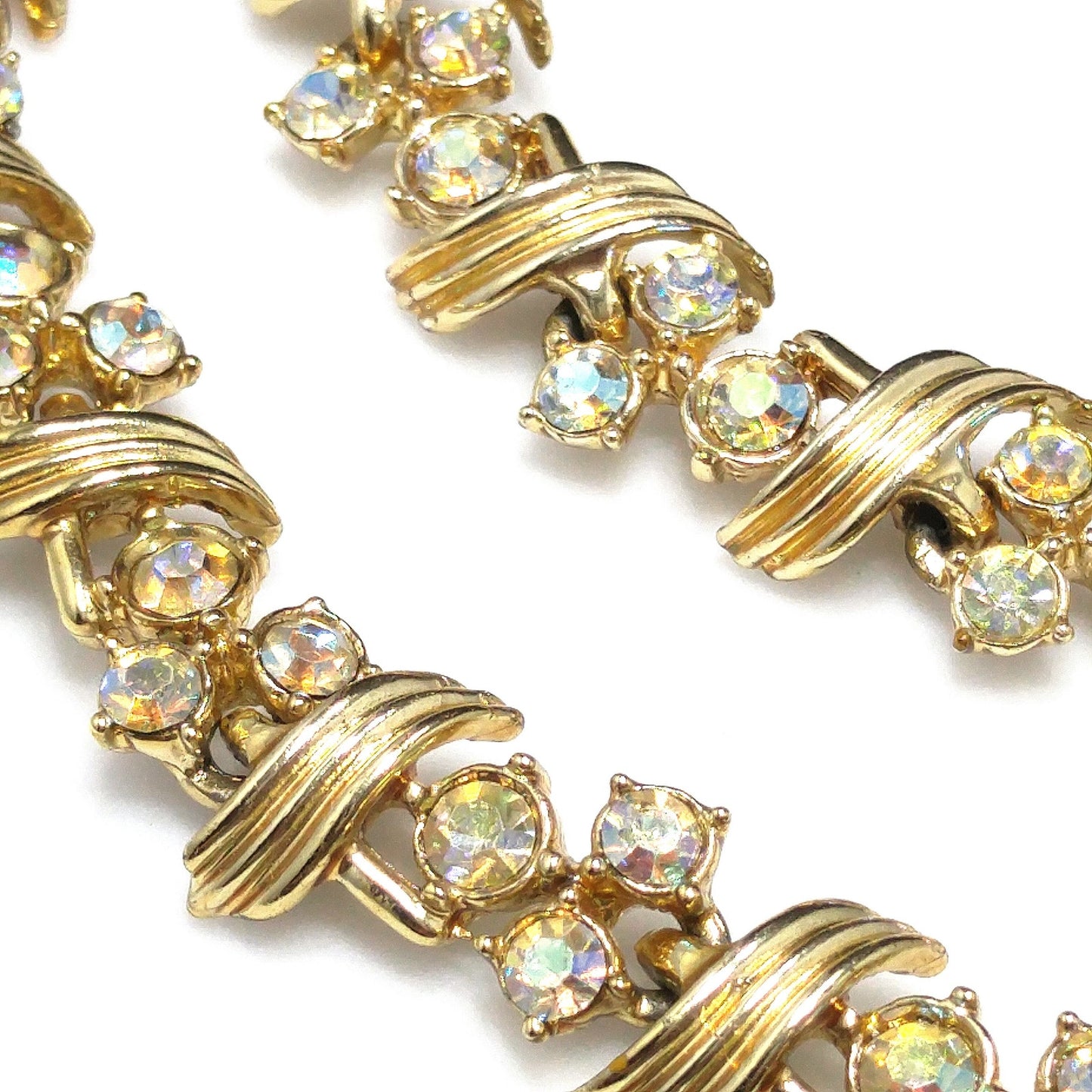 Vintage Aurora Borealis Rhinestone Necklace Bracelet Set, Gold Plated, 1960s Vintage Jewelry