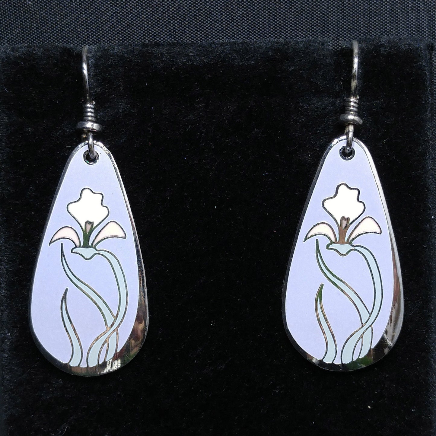 Laurel Burch "Wild Iris" Cloisonne Earrings, Enamel in Lavender White & Pink