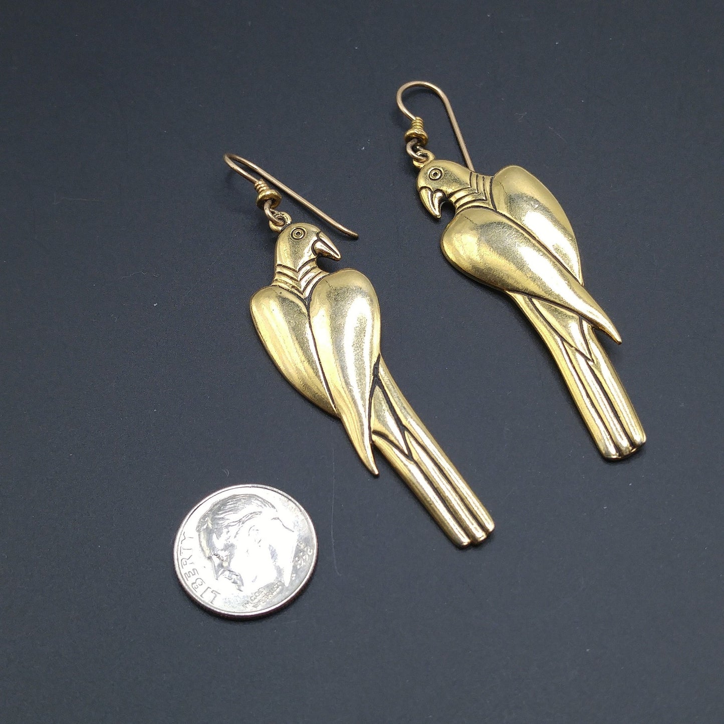 Laurel Burch Gold Plated Parrot Earrings, Gold Filled Ear Wires, 1980s Vintage Jewelry
