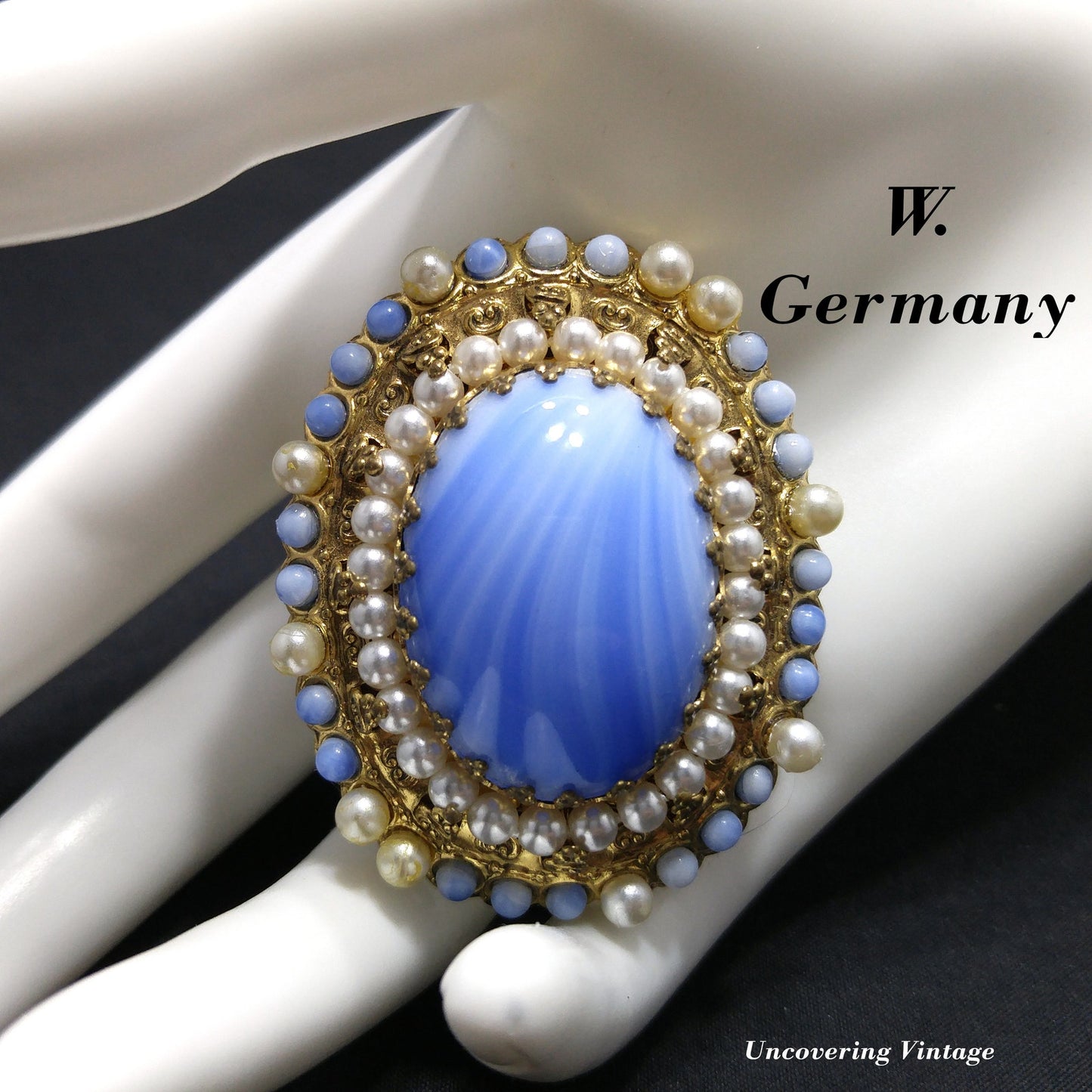 West Germany Blue Glass Filigree Brooch, Faux Pearls, 1950s Vintage Jewelry