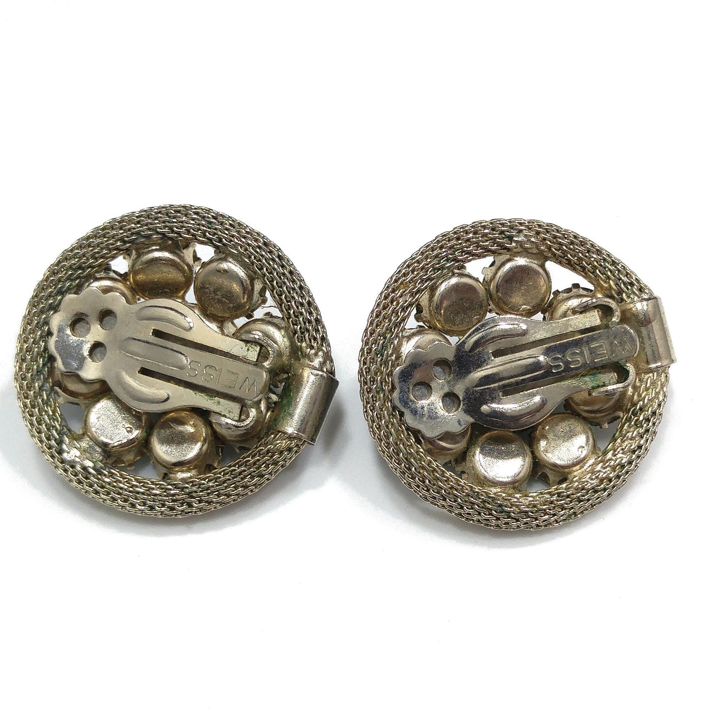 Weiss Green Rhinestone Gold Mesh Earrings, Emerald Green, Gold Plated, 1950s Vintage Jewelry