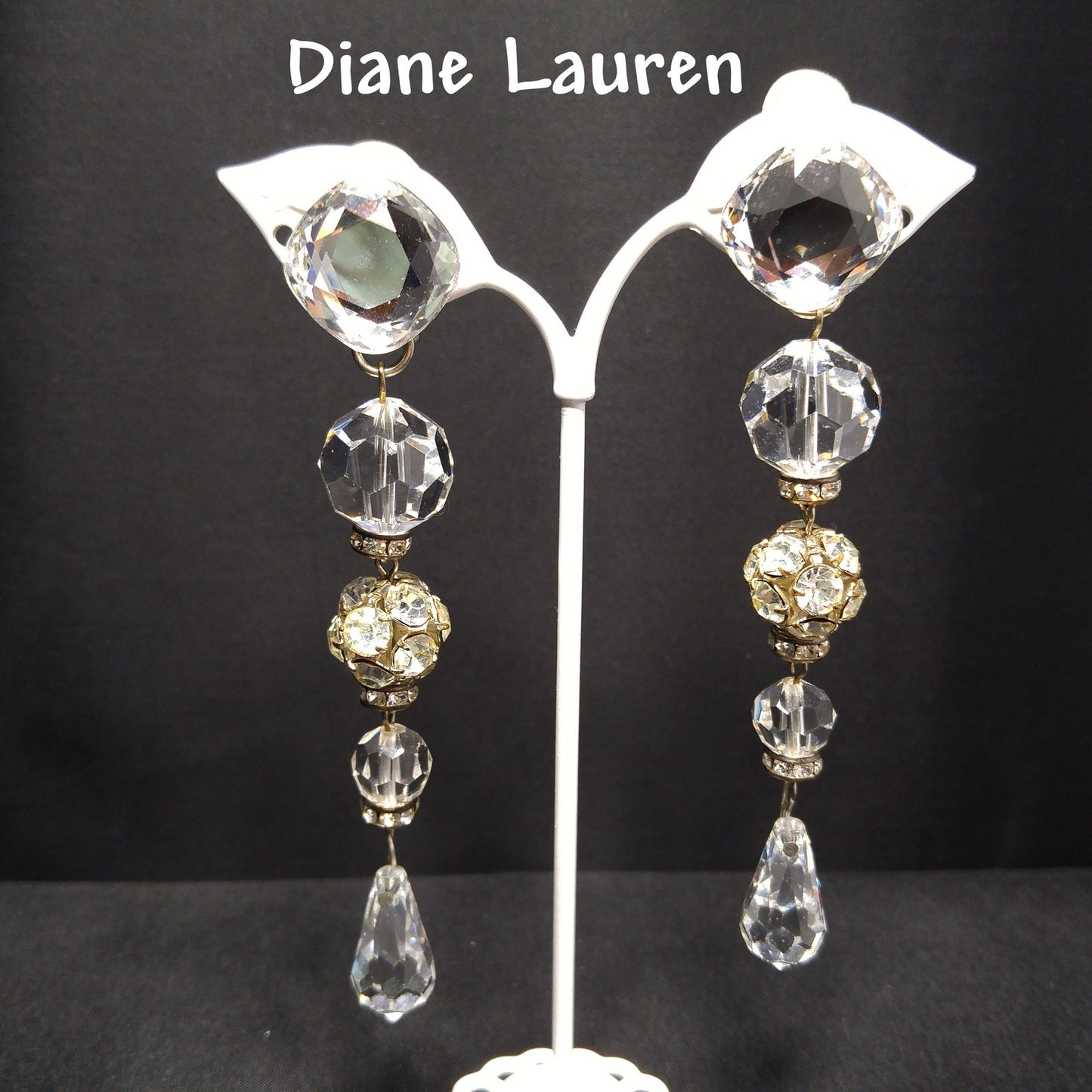 Vintage Diane Lauren Long Crystal Drop Earrings 1980s Clip On Runway Signed