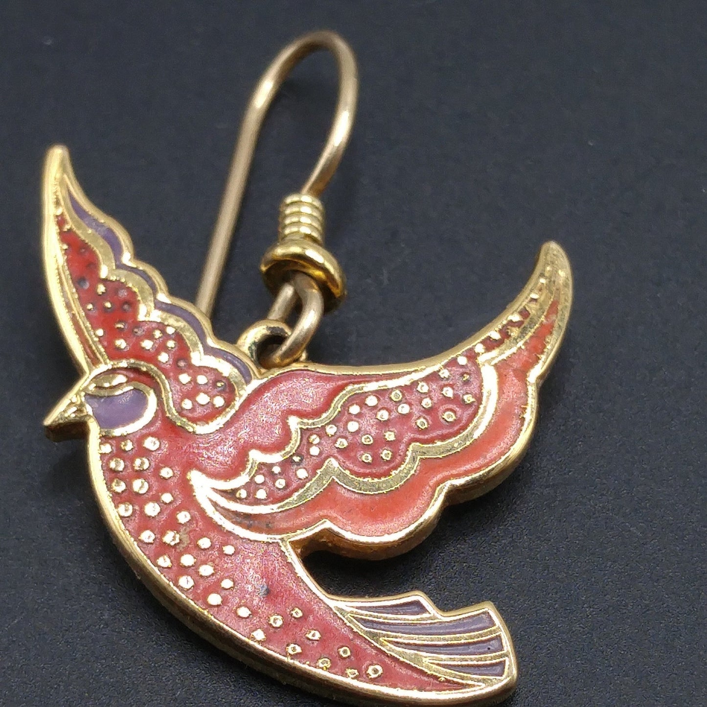 Vintage Laurel Burch "Kris" Red Bird Earrings, Cloisonne Enamel, Gold Plated