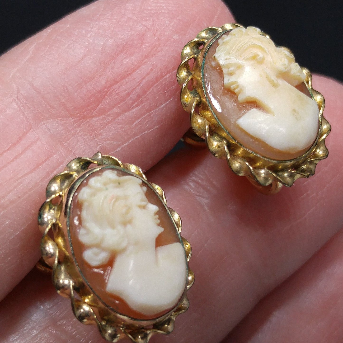 CM Carved Cameo Shell Earrings, Gold Filled, 1940s Vintage Jewelry