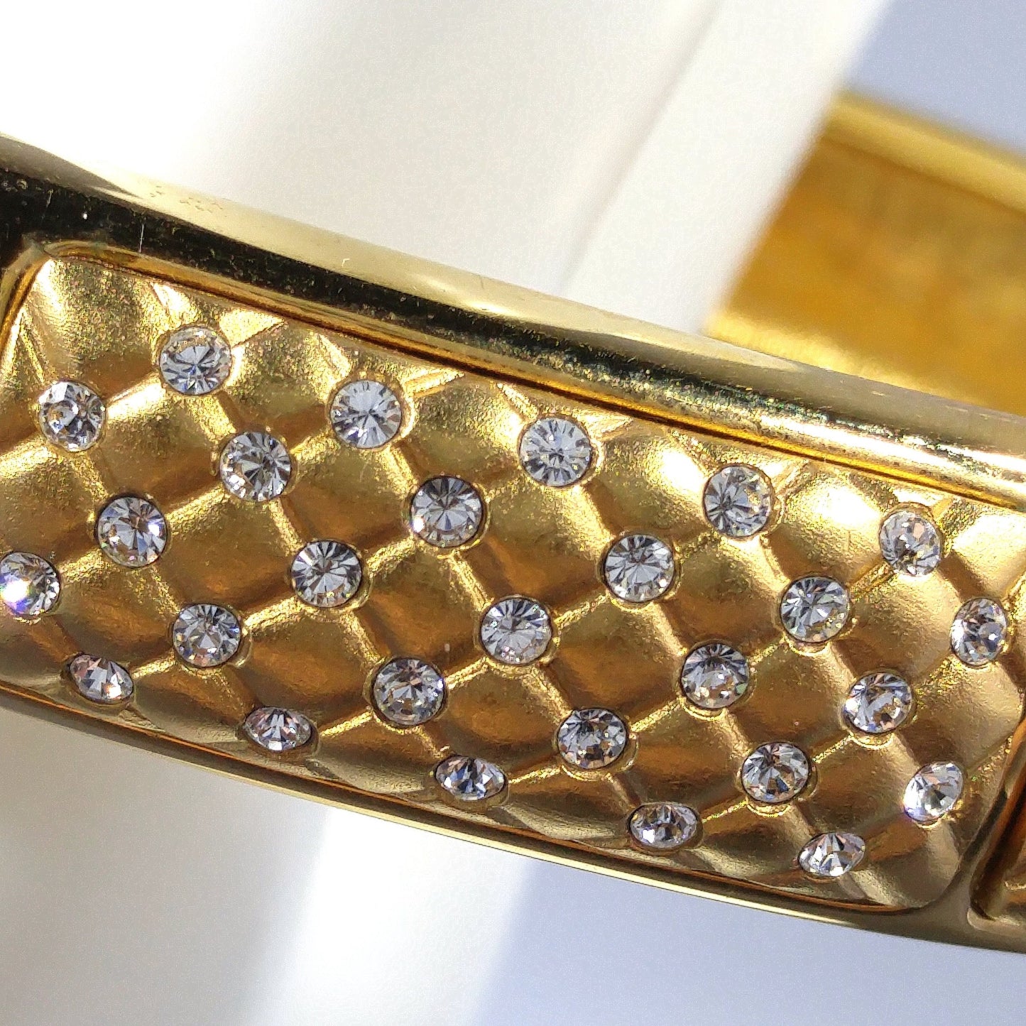 Vintage Swarovski Gold Plated Hinged Cuff Bracelet Clear Rhinestones Swan Logo