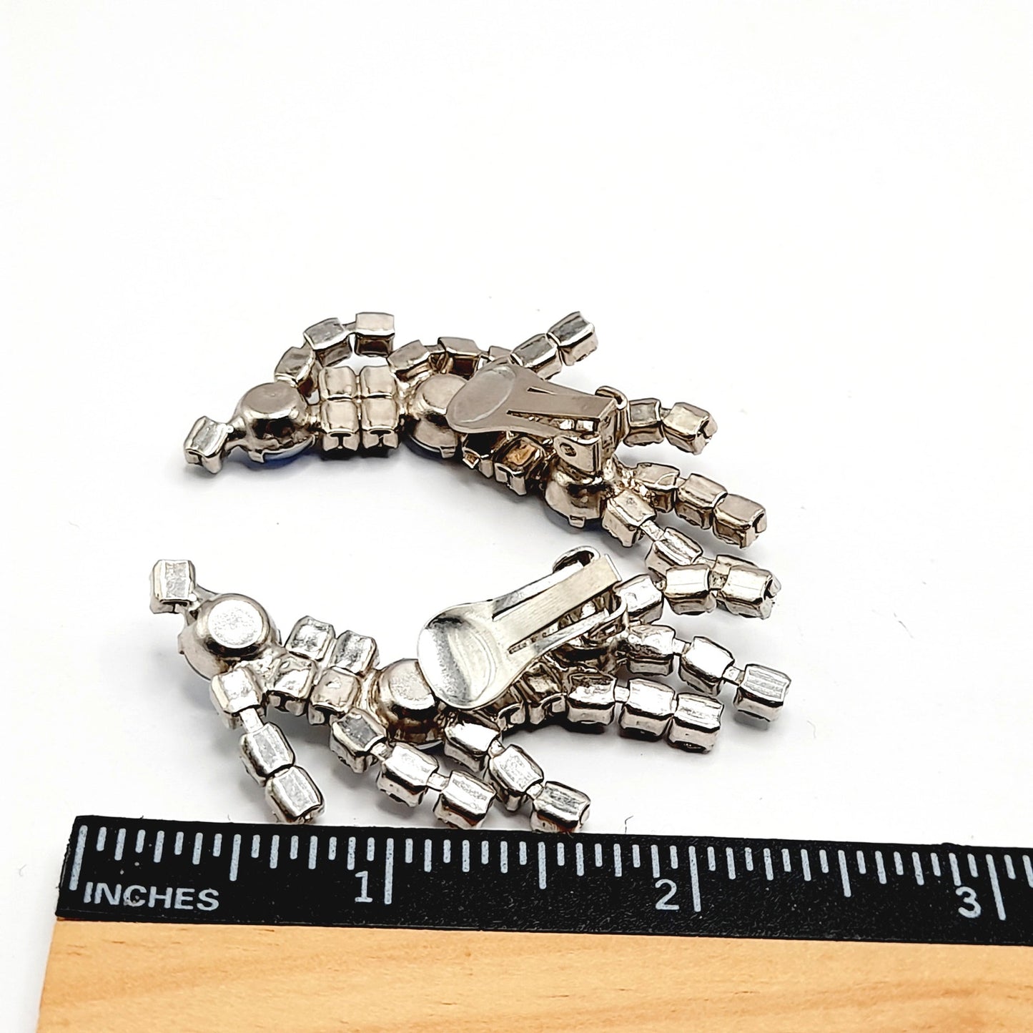 Vintage Blue Rhinestone Ear Climber Earrings Clip On Silver Tone Mid Century