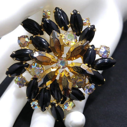 Gold Rhinestone Black Cabochon Floral Brooch, Aurora Borealis, Gold Plated, 1960s Vintage Jewelry
