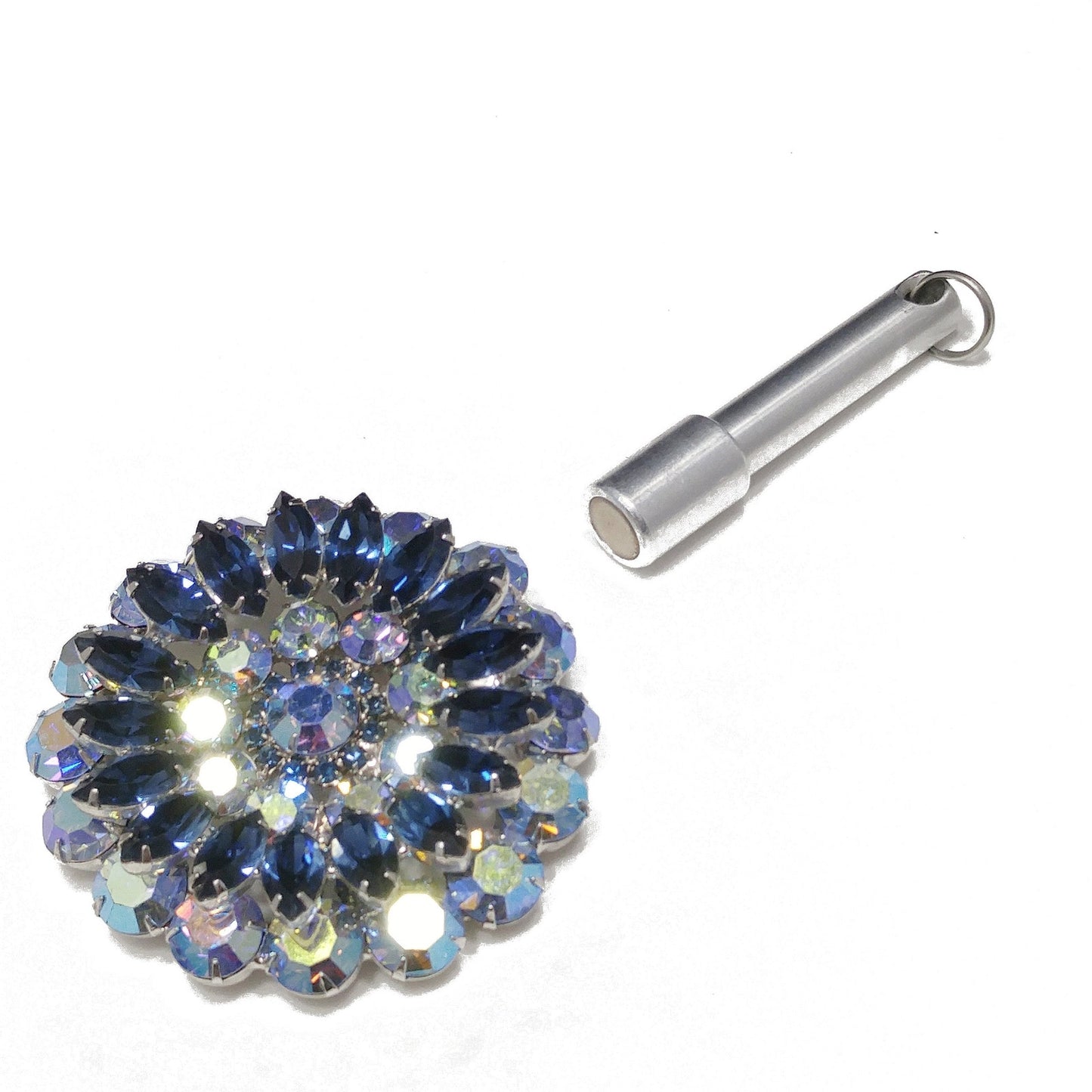 Mid Century Blue Aurora Borealis Brooch, Rhodium Plated, 1960s Vintage Jewelry