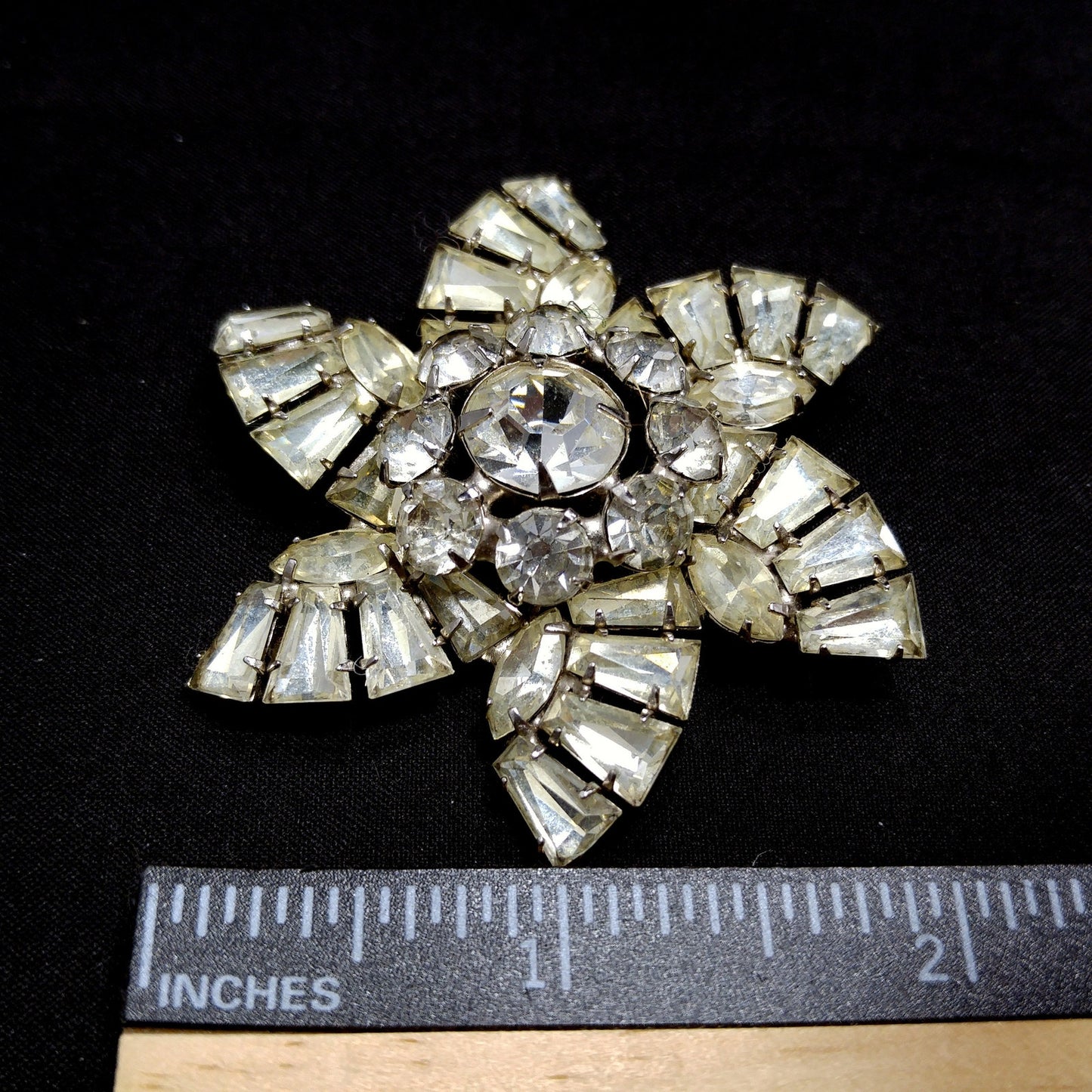 Mid Century Pinwheel Brooch, Clear Rhinestones, Rhodium Plated, 1950s Vintage Jewelry