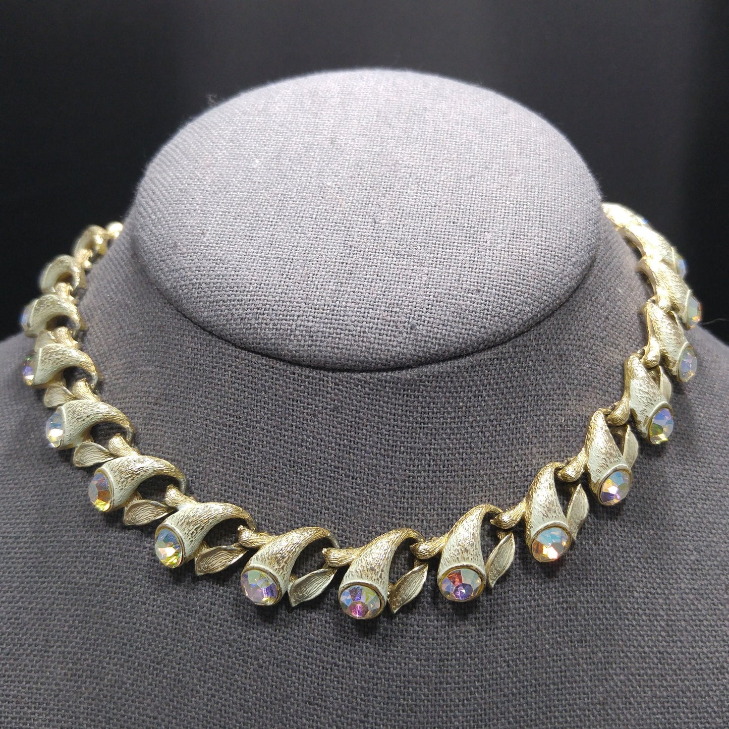Brushed Gold Tone White Enamel Choker Necklace, Aurora Borealis Rhinestones, 1960s Vintage Jewelry