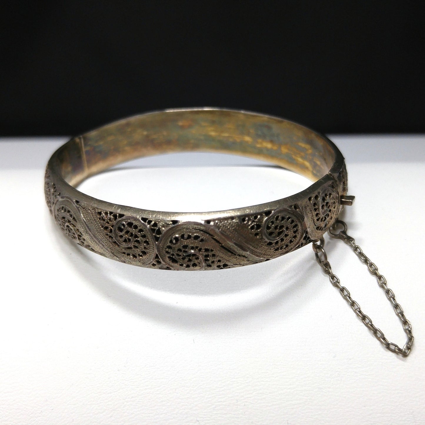 Art Nouveau Silver Filigree Hinged Bracelet, Gold Washed, 1920s Vintage Jewelry