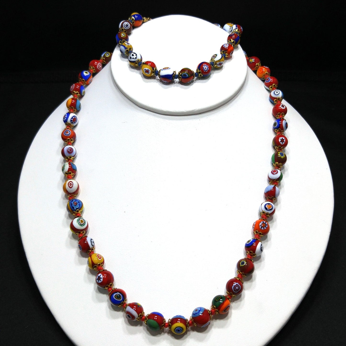 Murano Millefiori Beaded Necklace Bracelet Set, Hand Blown Glass, Hand Knotted in Red, 1950s Vintage Jewelry