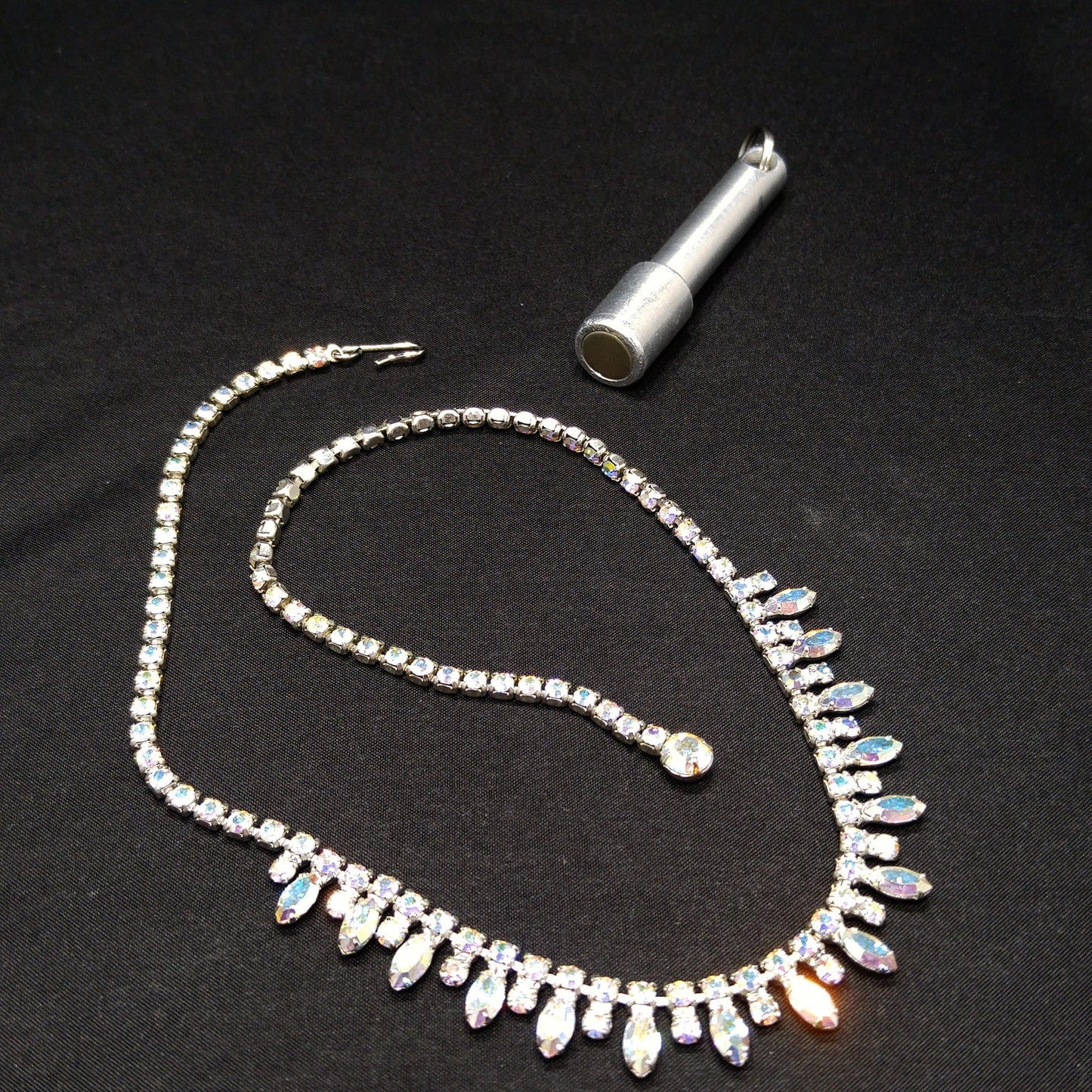 B. David Aurora Borealis Rhinestone Necklace, Rhodium Plated, 1960s Vintage