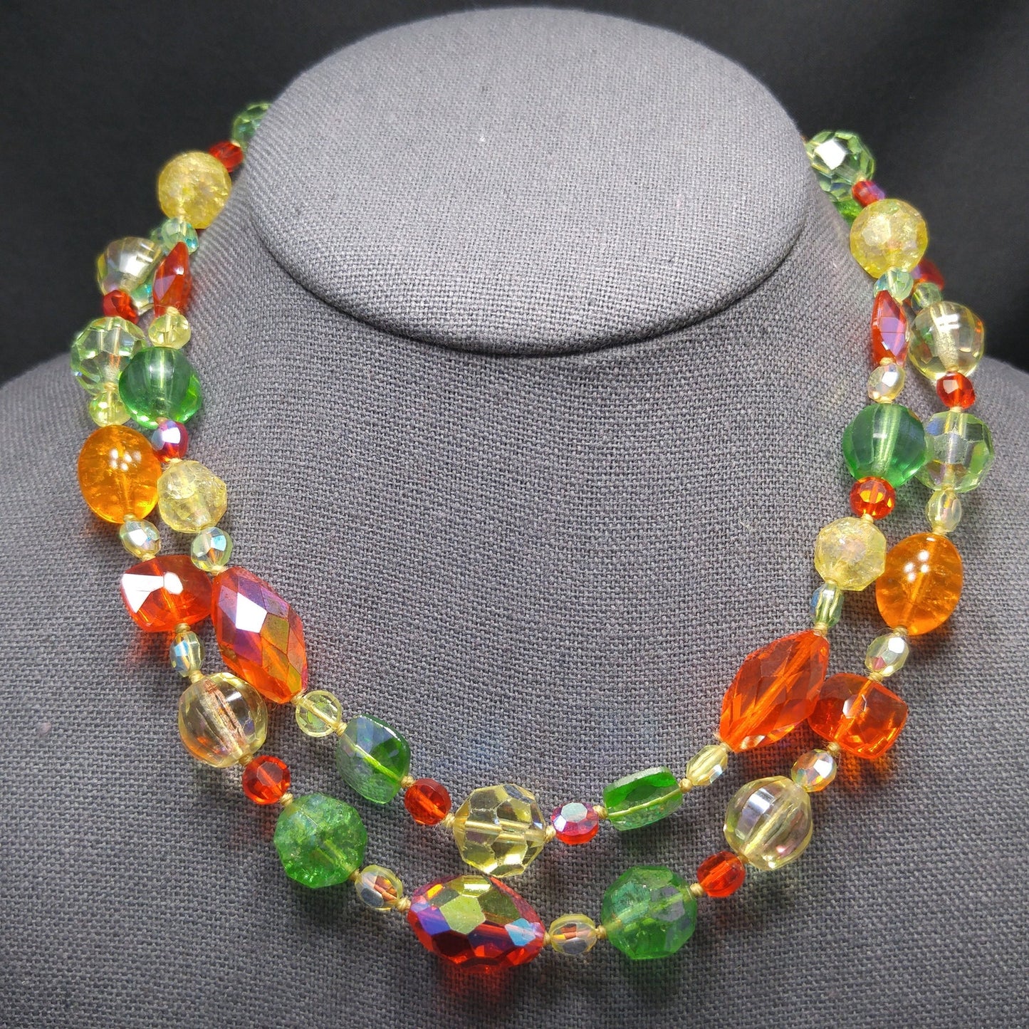 Crystal & Molded Glass Beaded Necklace, Orange Green Yellow, 1950s Vintage Jewelry