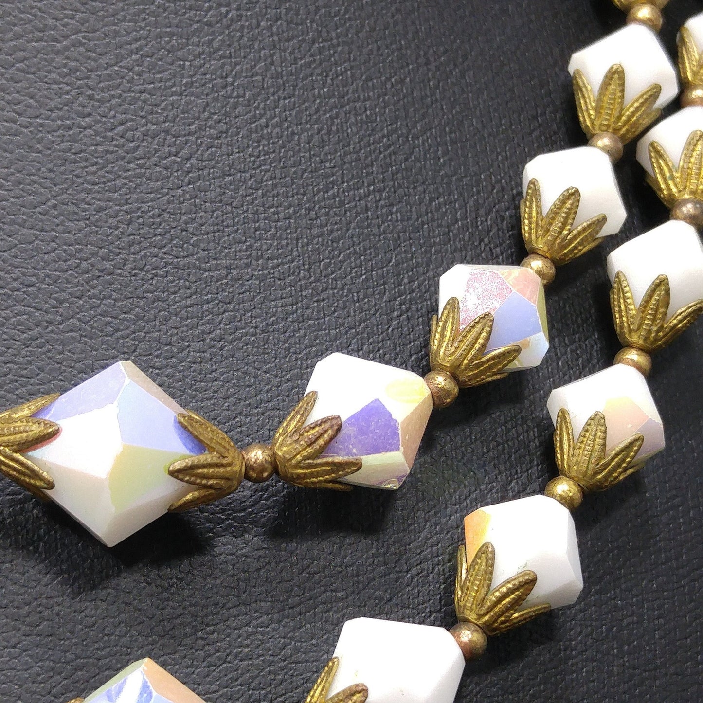 White Crystal Fire Polished Two Strand Necklace, Golden Brass End Caps, 1950s Vintage Jewelry