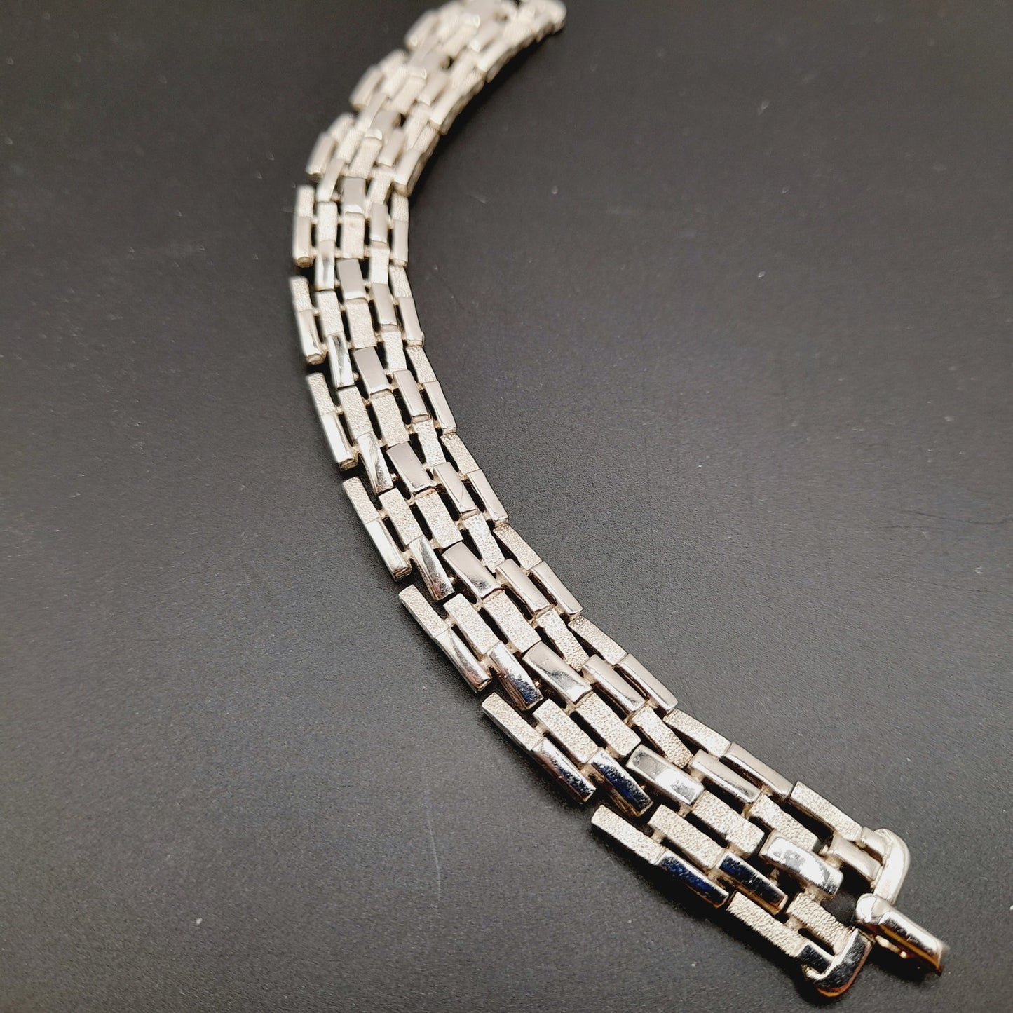 Vintage Crown Trifari Bracelet, Rhodium Plated Link Design, 7 1/4 Inch, Signed