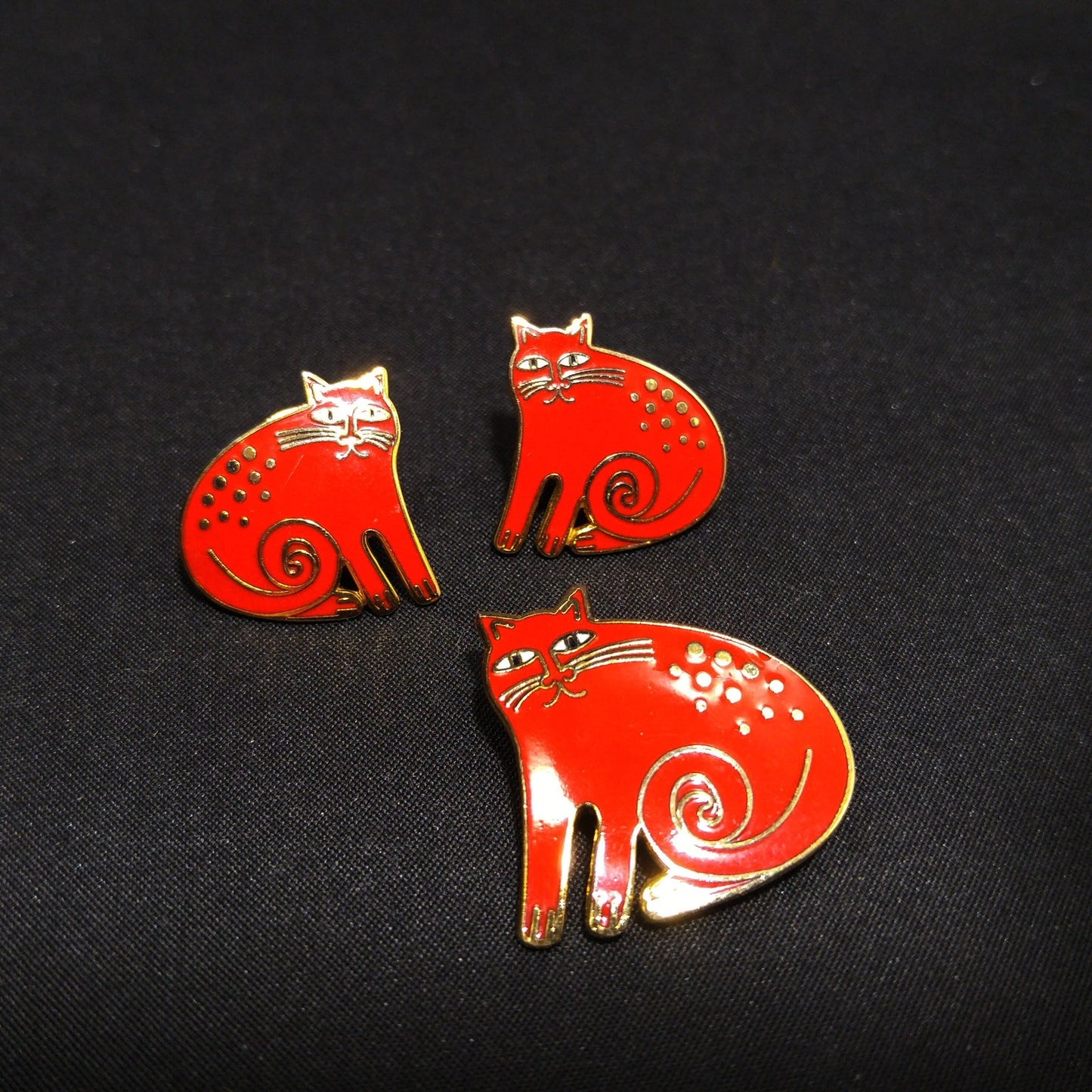 Laurel Burch "Keshire Cat" Red Enamel Brooch & Post Earrings, Gold Plated Cloisonne
