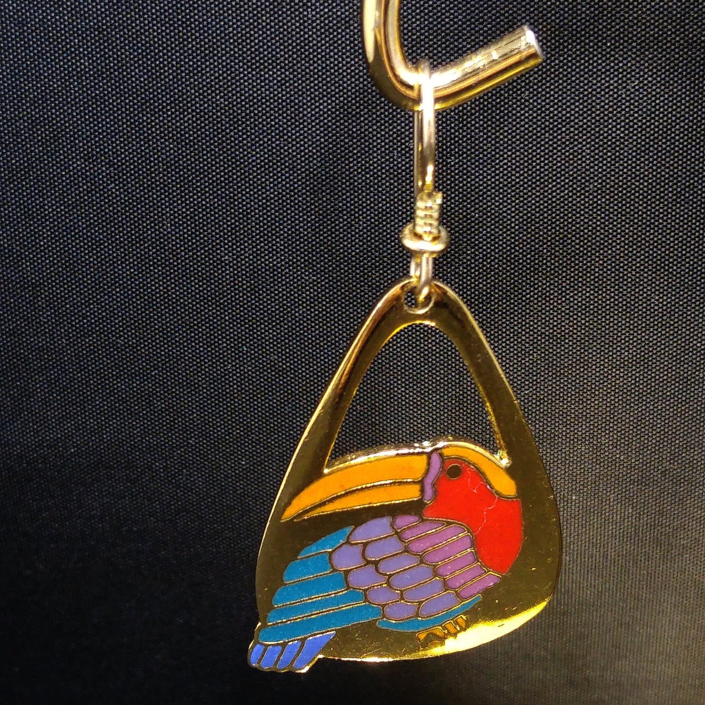 Laurel Burch Toucan Bird Earrings, Gold Plated Cloisonne Enamel, 1980s Vintage Jewelry