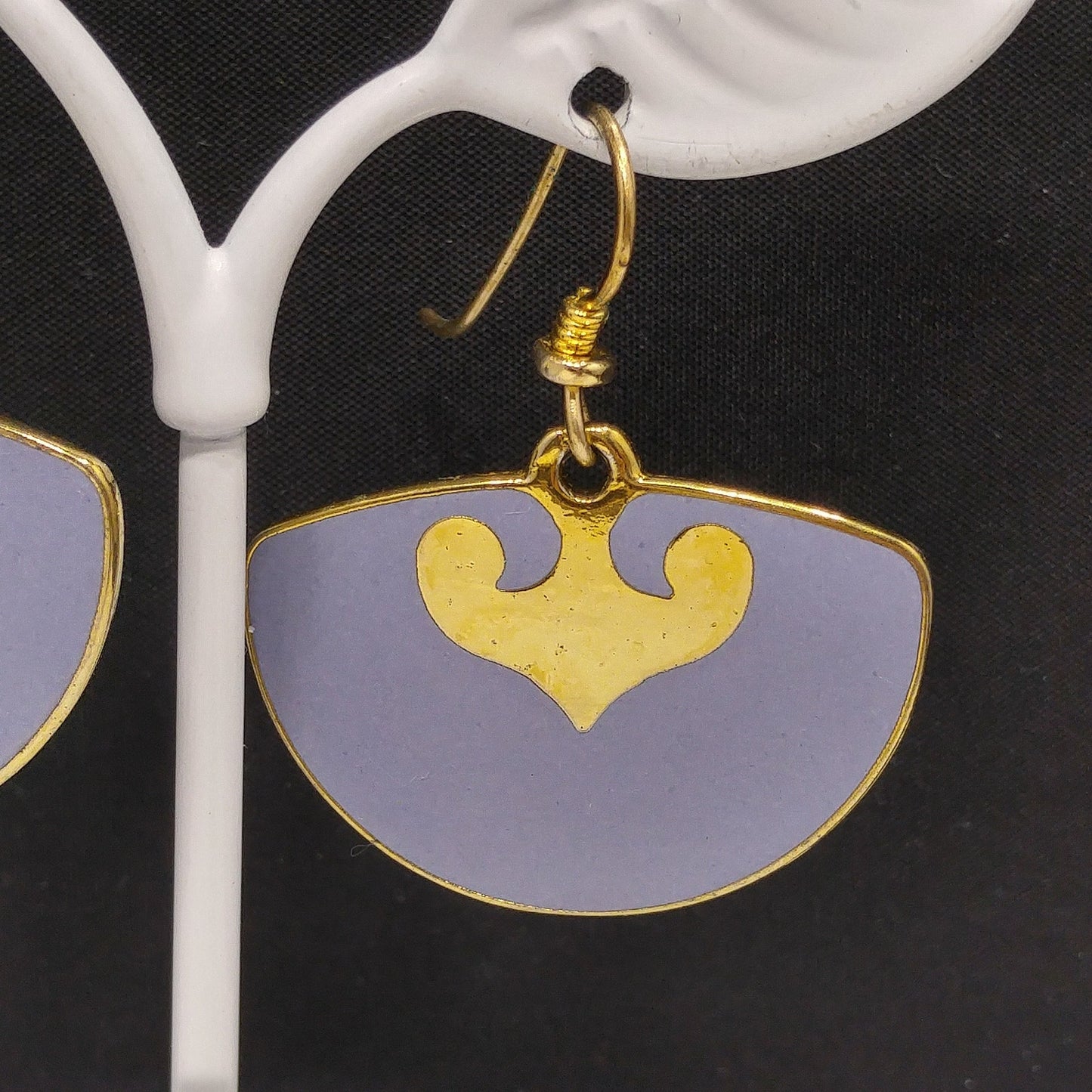 Vintage Laurel Burch Fan Earrings, Gold Plated, Lavender Enamel