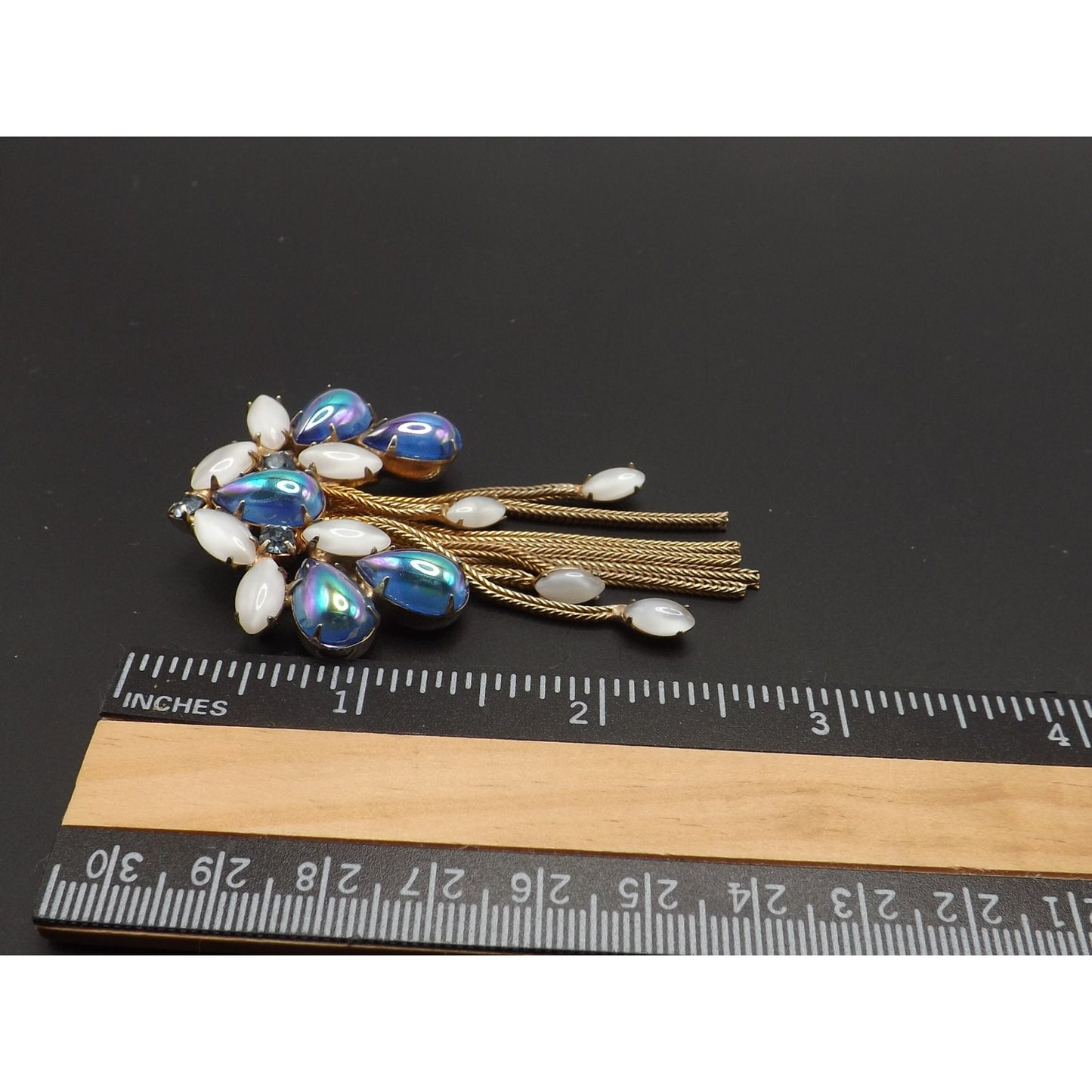 Iridescent Blue Gold Plated Fringe Brooch, White Art Glass Stones, 1960s Vintage Jewelry
