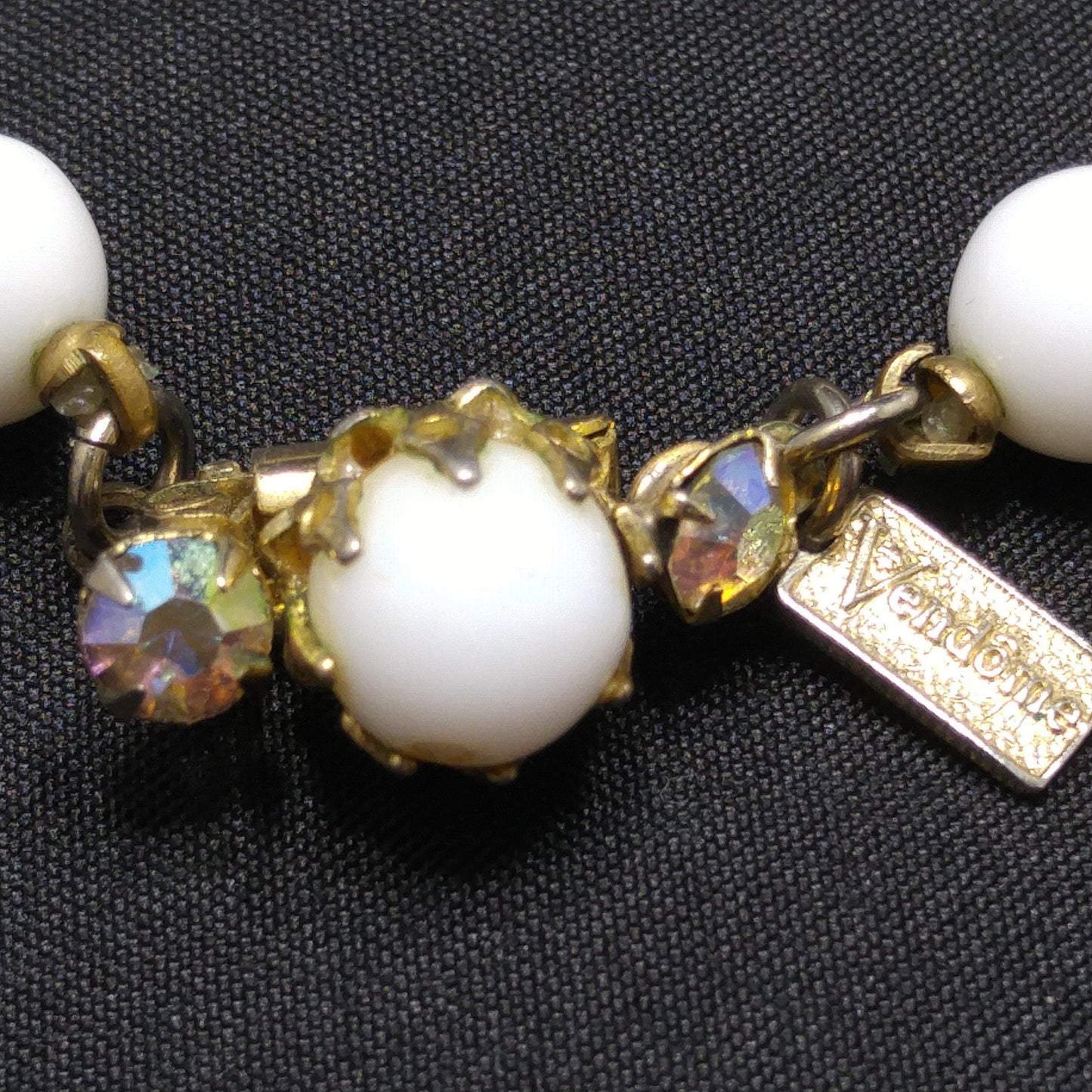 Vendome Long Beaded Crystal & Glass Necklace, Aurora Borealis, Gold Plated, 1960s Vintage Jewelry