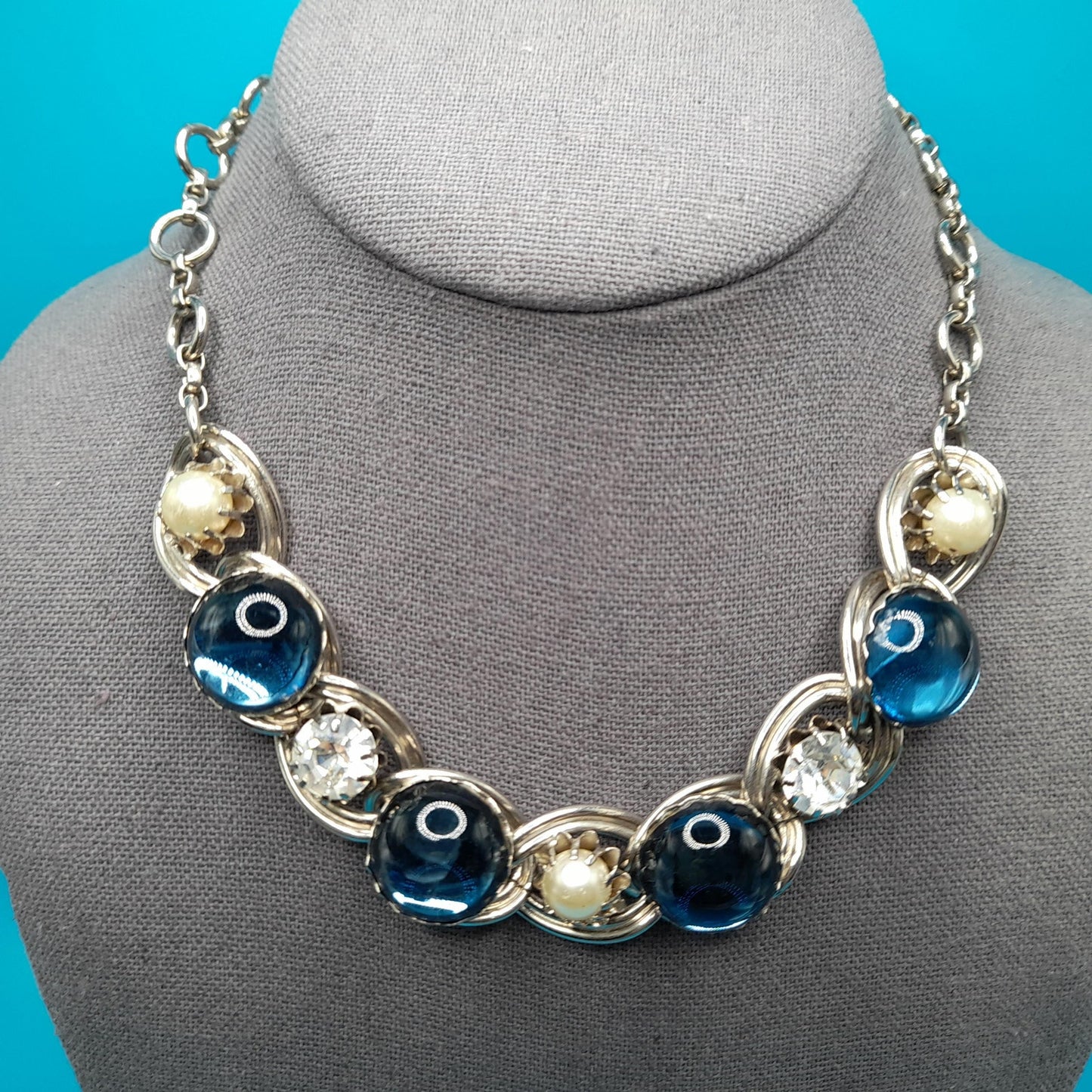 Vintage Blue Cabochon Choker Necklace, Faux Pearls, Clear Rhinestones, 1950s Vintage Jewelry