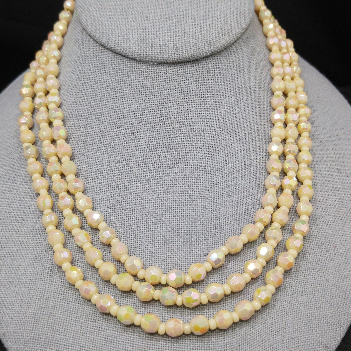 West Germany Fire Polished Beige Beaded Necklace, Three Strands, 1950s Vintage Jewelry
