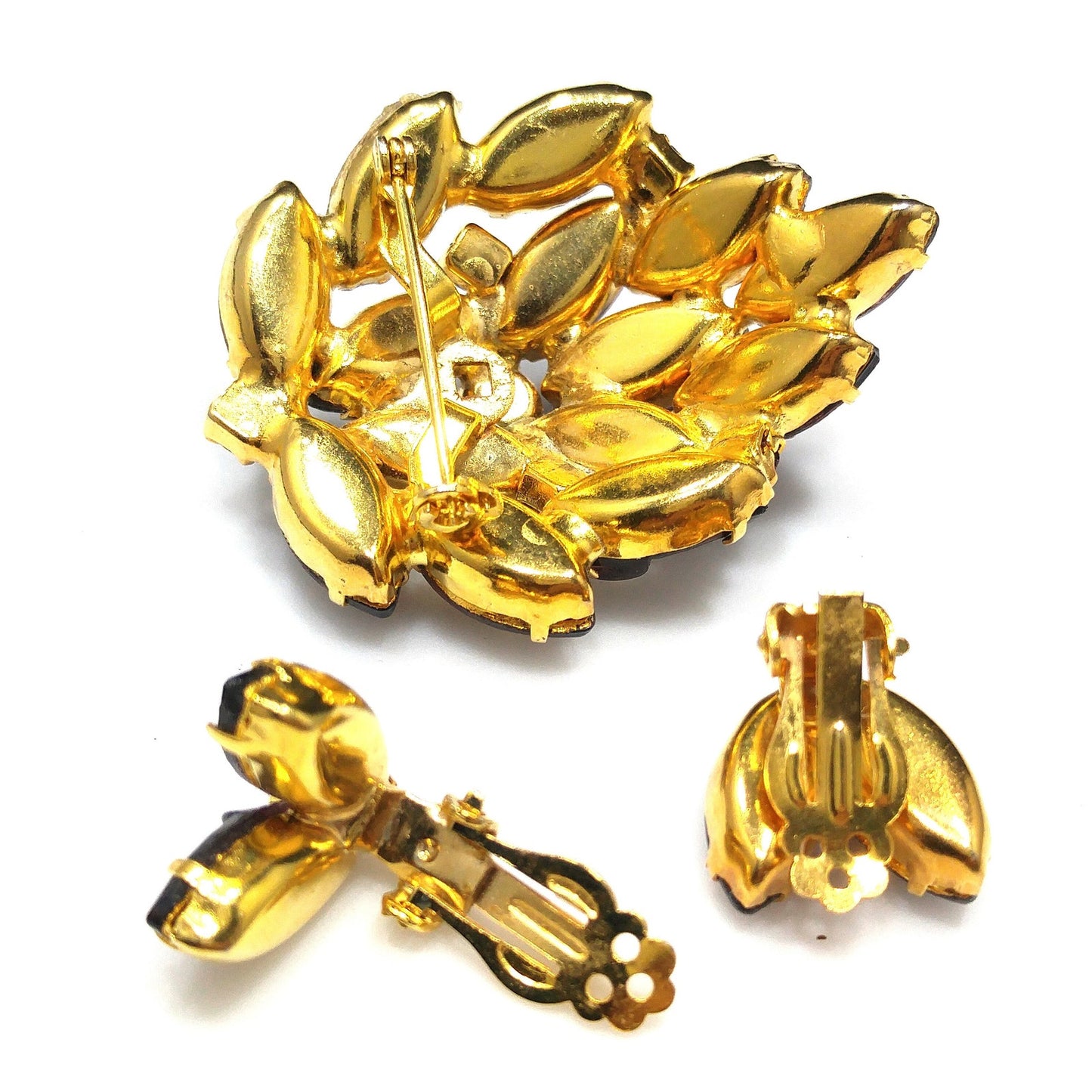 Purple Rhinestone Molded Art Glass Brooch & Earrings, Purple Rhinestones, Gold Plated, 1960s Vintage Jewelry