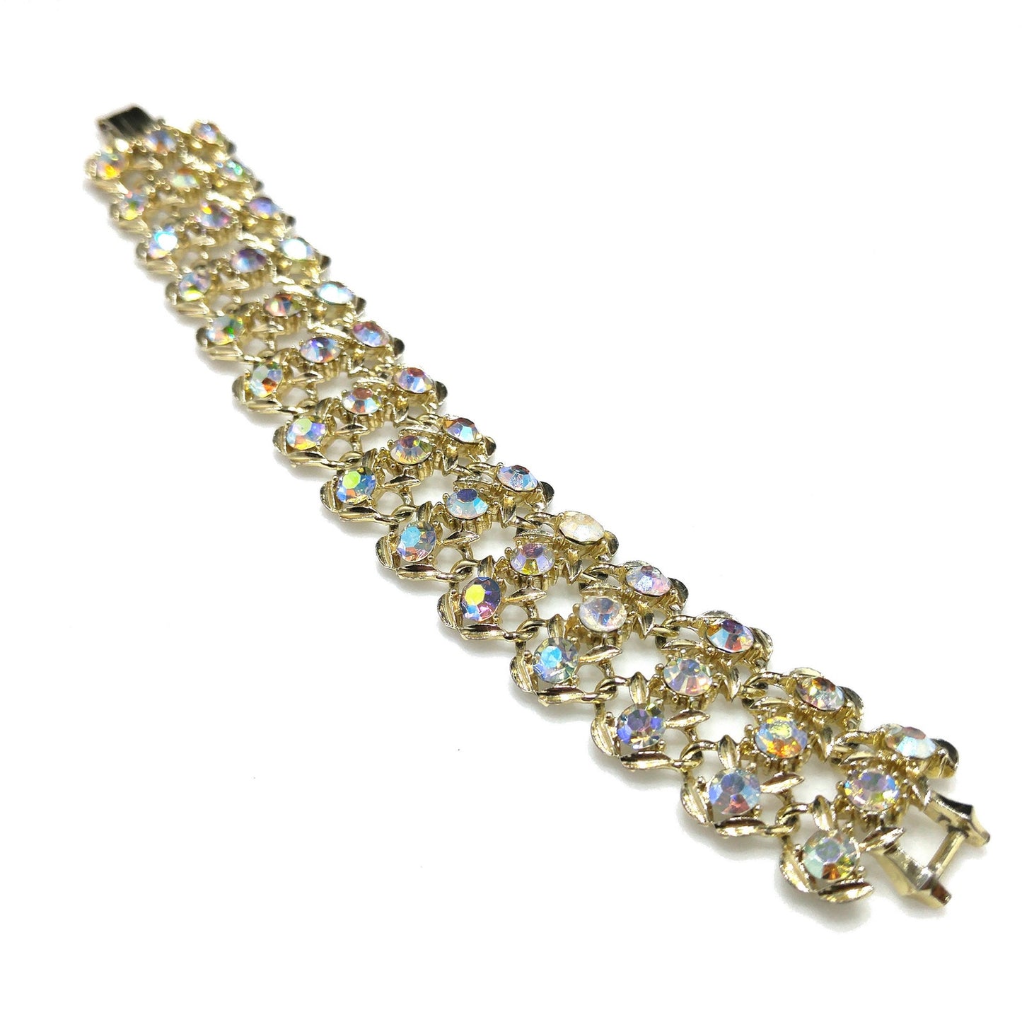 Vintage Aurora Borealis Rhinestone Wide Bracelet, Gold Plated, 1960s