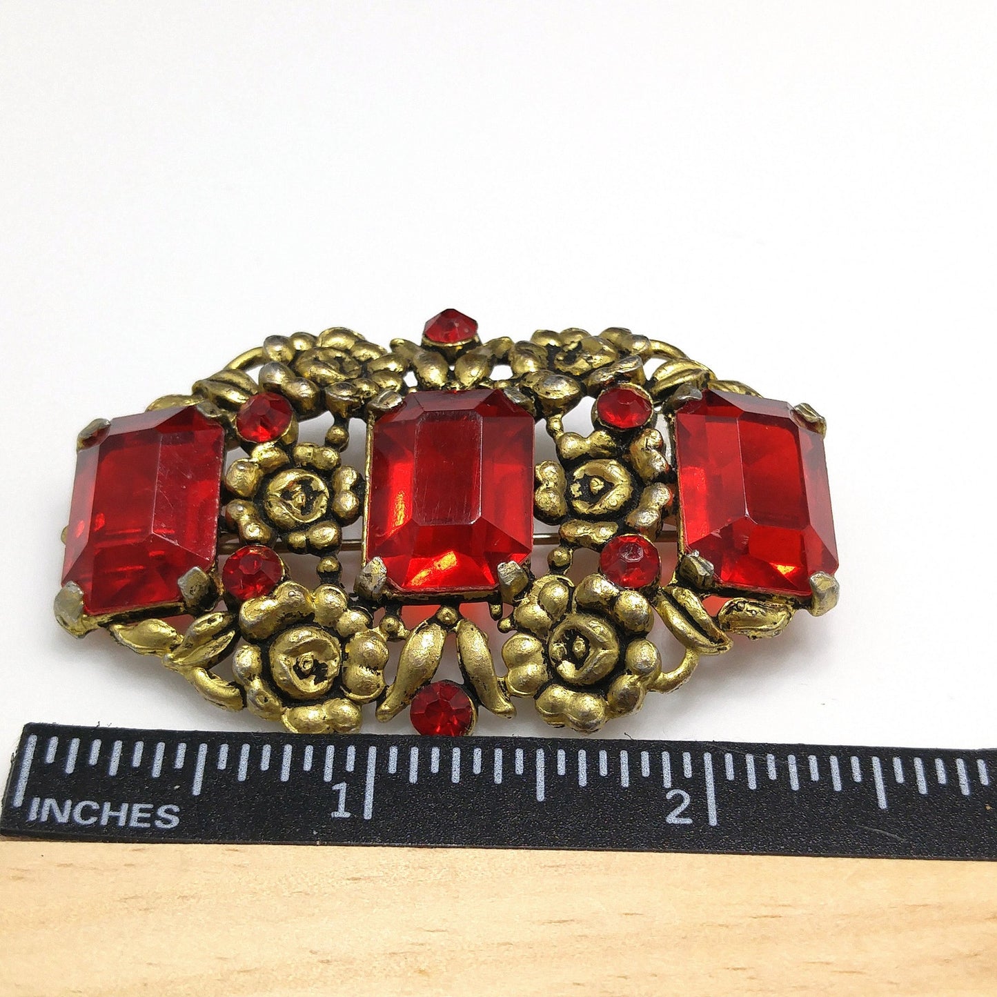 Art Nouveau Red Glass Floral Brooch, Three Red Emerald Cut Stones, 1930s Vintage Jewelry
