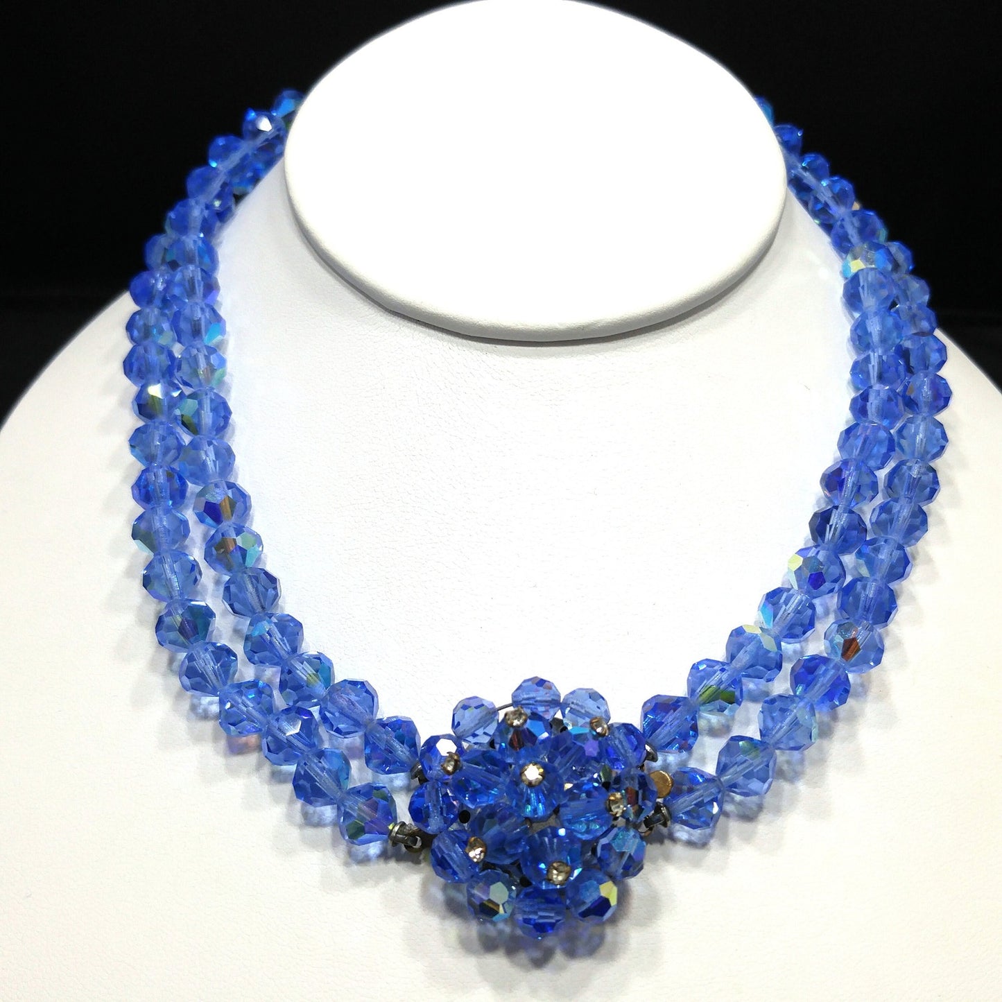 Vintage 1950s Aurora Borealis Blue Crystal Beaded Two-Strand Choker Necklace – Rhinestone Clasp