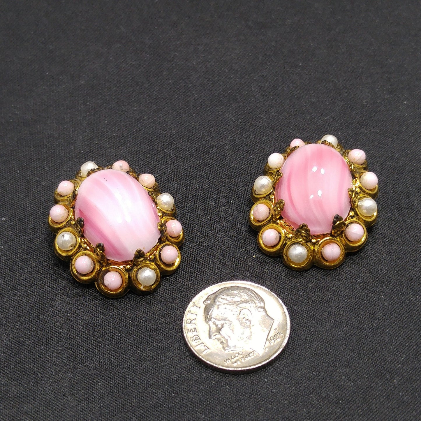 West Germany Pink Clip Earrings, Pink Glass, Faux Pearls, 1950s Vintage Jewelry