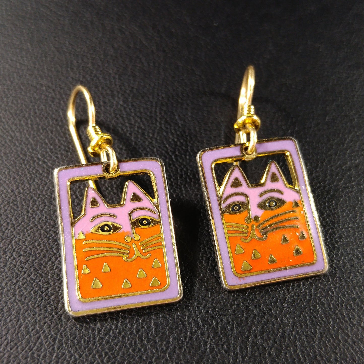 Vintage Laurel Burch "Mallory's Cat" Drop Earrings, Gold Plated