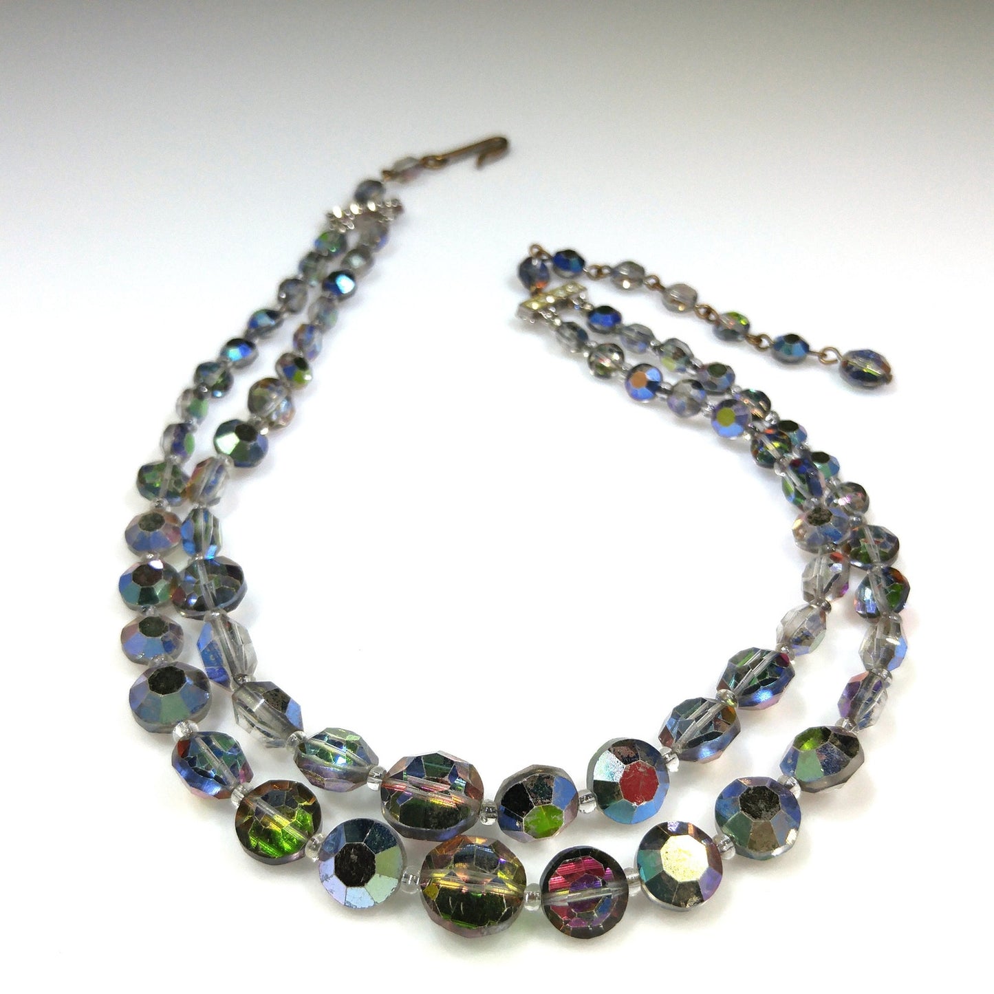 Rare Aurora Borealis Aspirin Bead Necklace, 2 Strands, Swarovski Crystal Beads, 1950s Vintage Jewelry