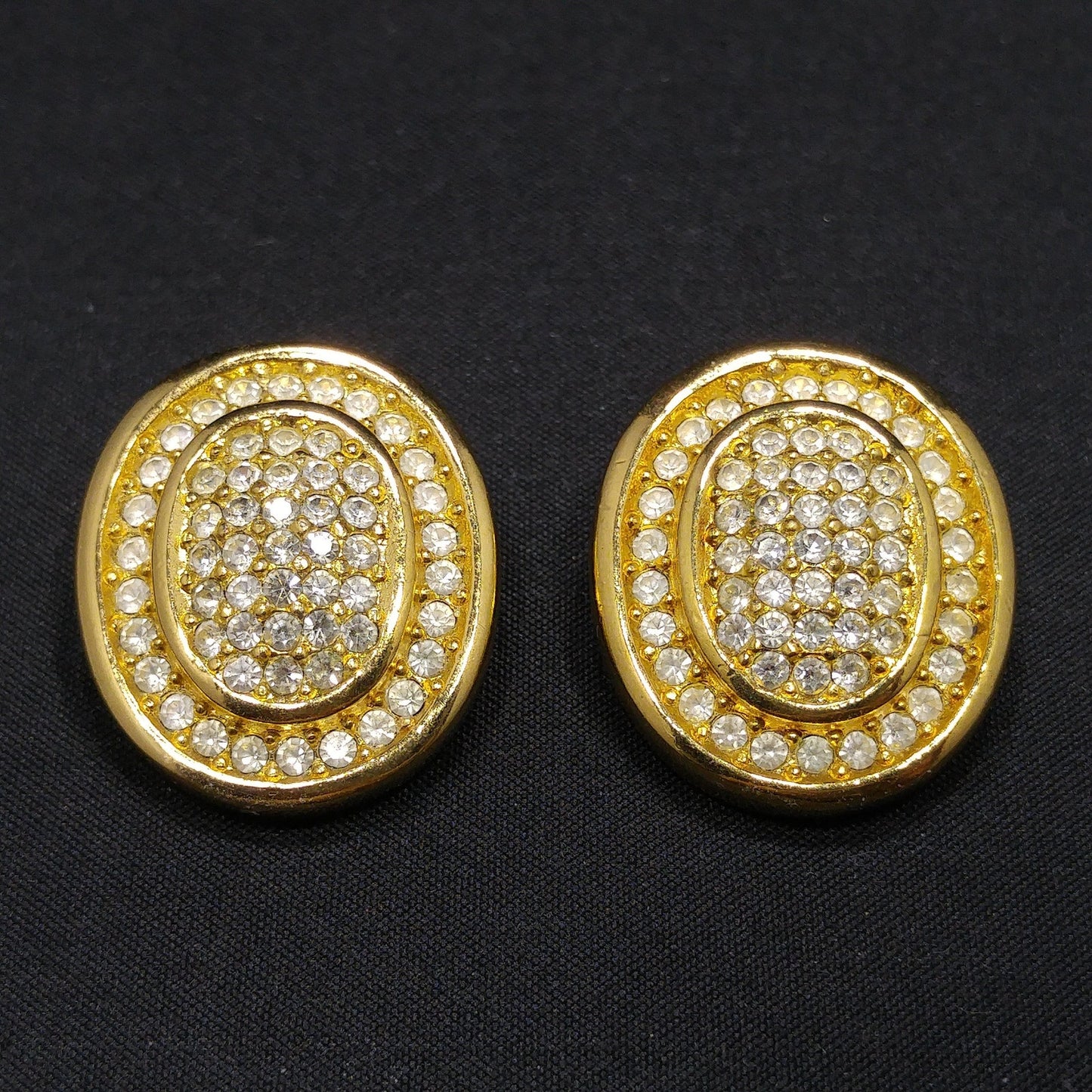 Christian Dior 1980s Gold Plated Pavé Rhinestone Oval Clip-On Earrings – Vintage Designer Jewelry